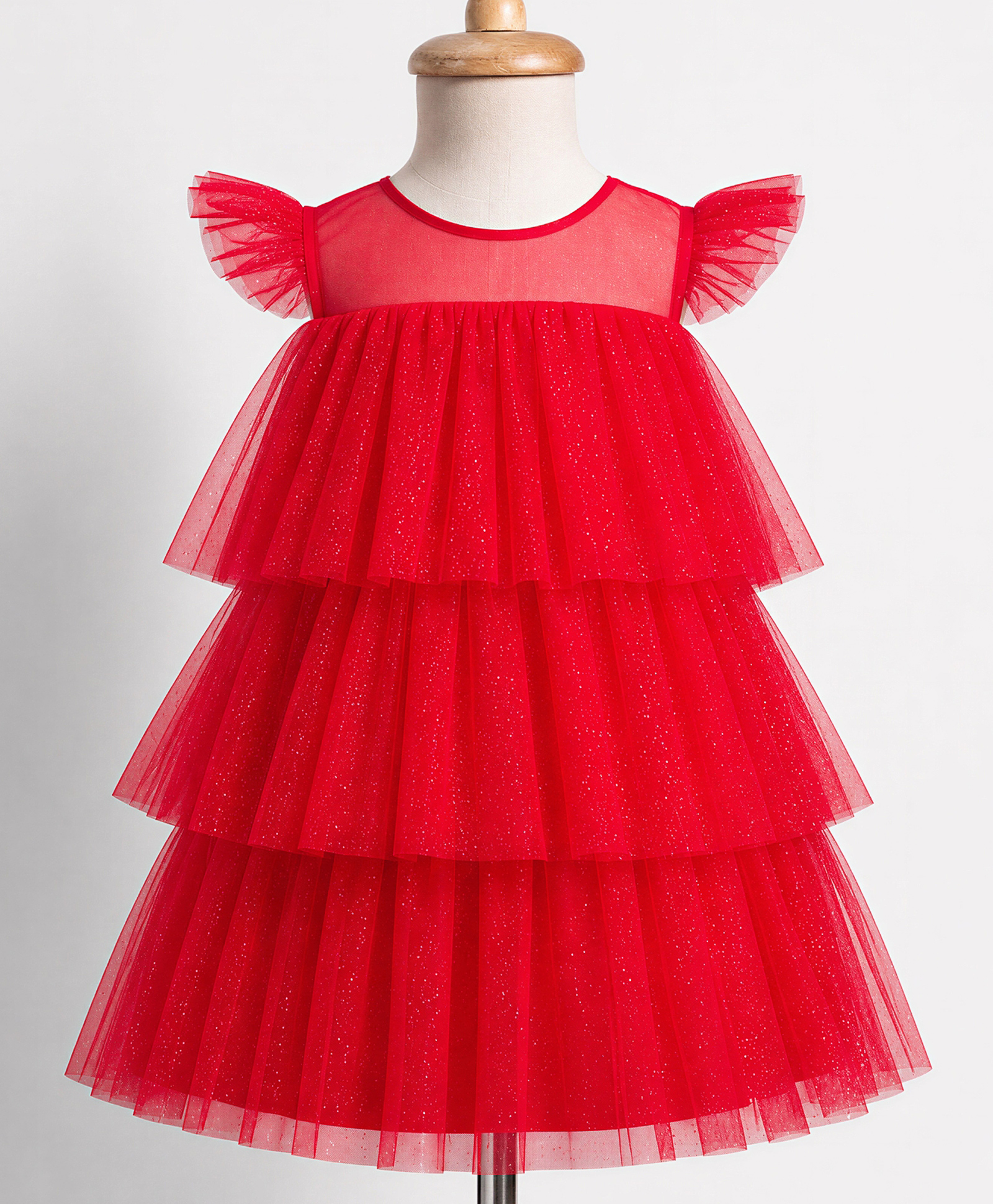 Babyhug Woven Solid Mesh Ruffles Sleeves Party Dress - Red-image-45