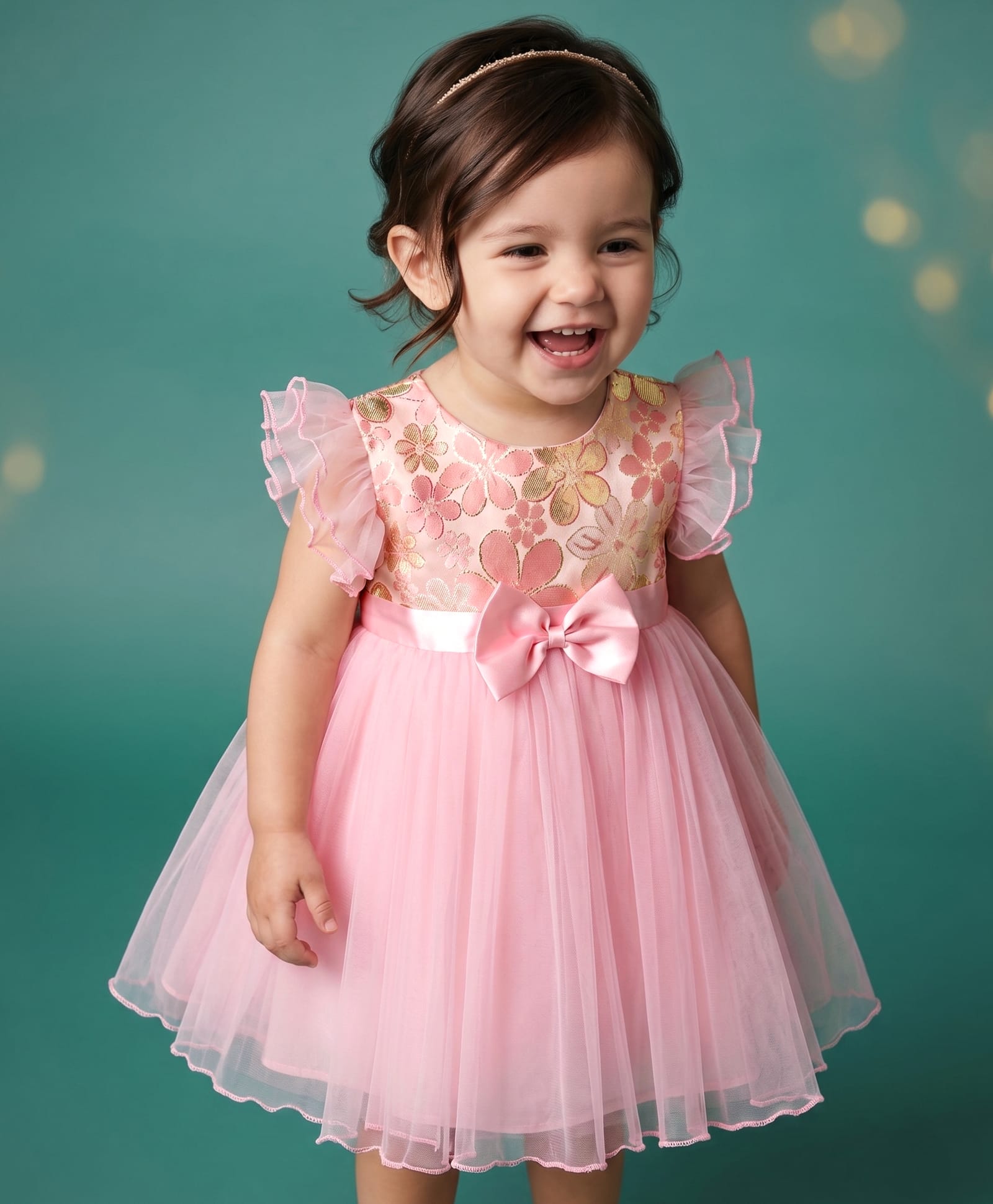 Babyhug Woven Frill Sleeves Brocade Yoke Party Dress with Bow Applique - Pink-image-49