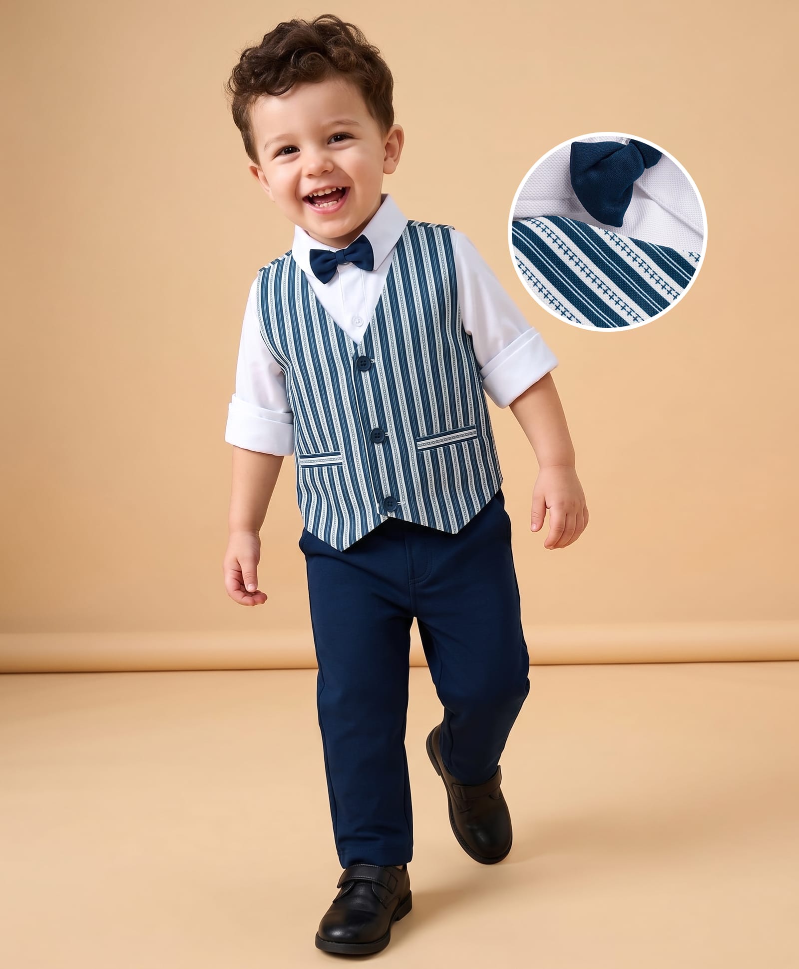 Babyhug Woven Full Sleeves Solid Shirt With Trouser & Striped Waistcoat Three Piece Party Suit With Bow - Navy Blue-image-14