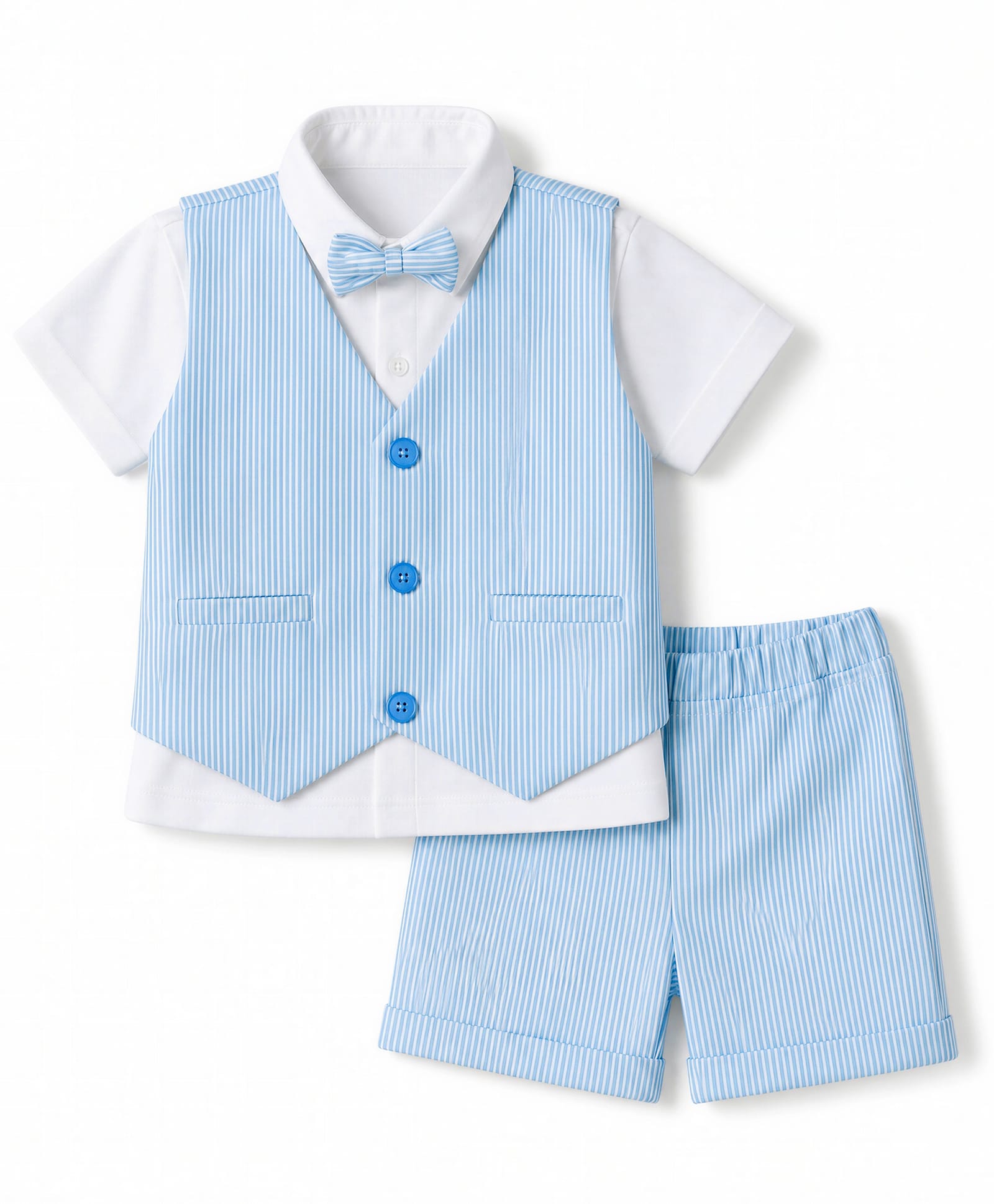 Babyhug Knit Half Sleeves Striped 3 Piece Party Suit with Attached Bow - Light Blue-image-32