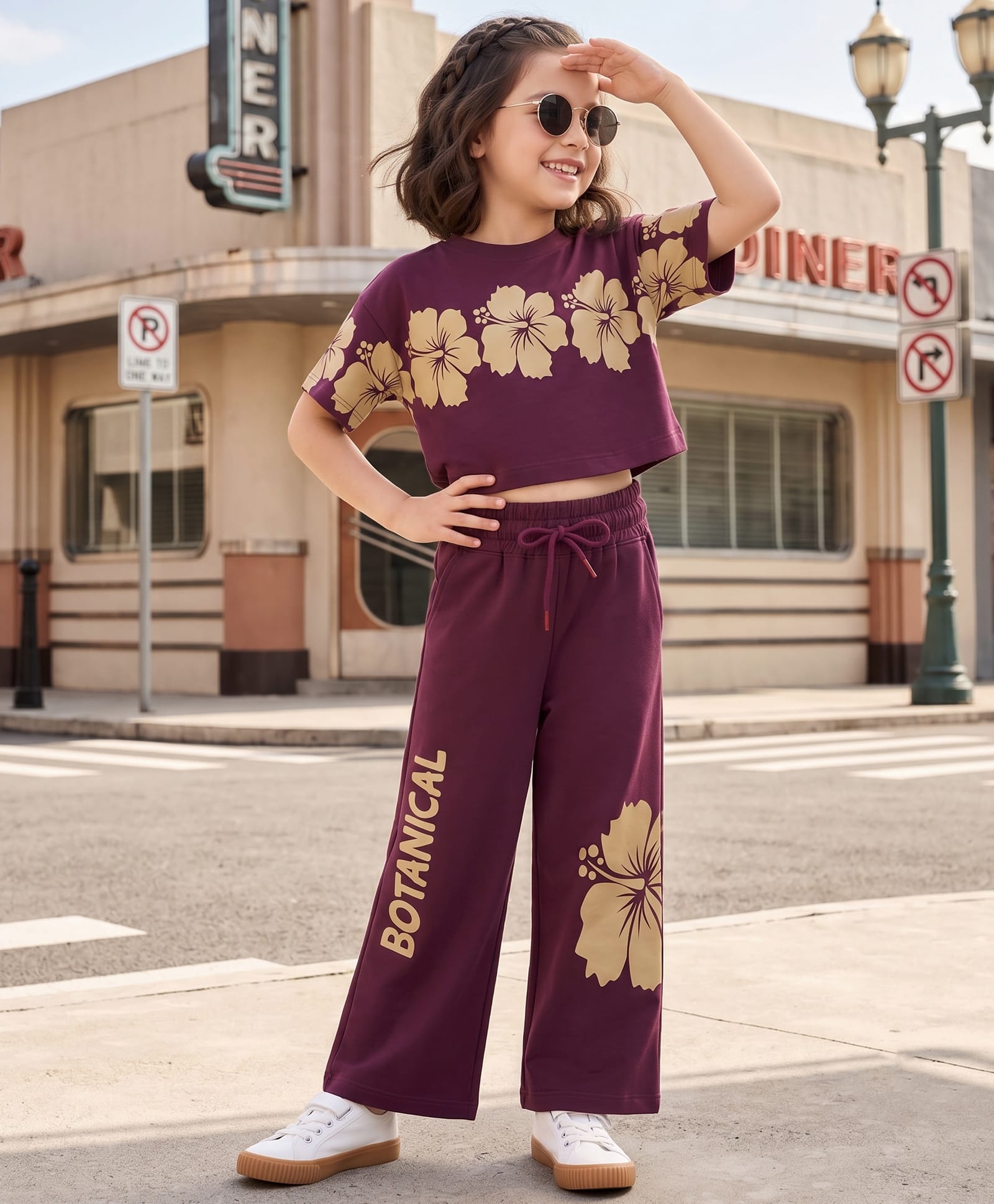 Ollington St. Cotton Knit Half Sleeves Top & Joggers Set With Floral Print- Purple-image-47