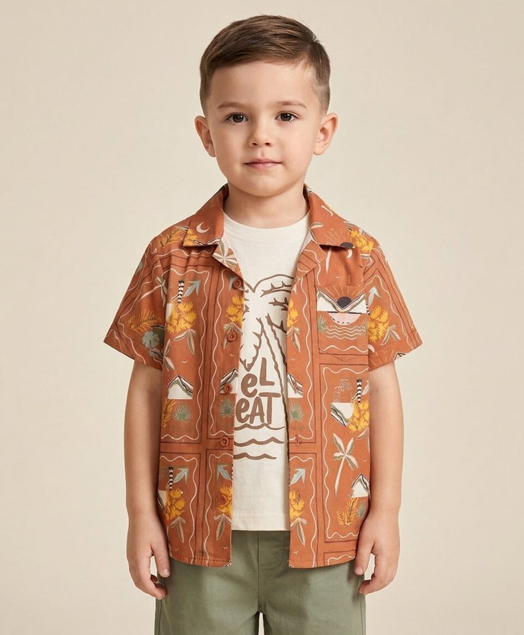 Rikidoos Cotton Woven Half Sleeves Tropical Theme Printed Box Style Shirt With T-Shirt - Rust-image-45