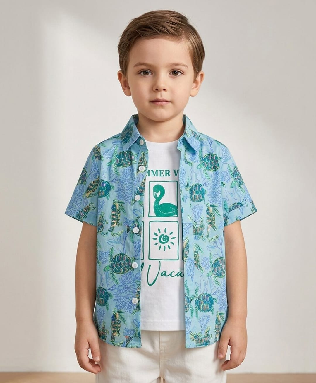 Rikidoos Cotton Woven Half Sleeves Sea Life Theme Printed Box Style Shirt With T-Shirt - Light Blue-picture-19