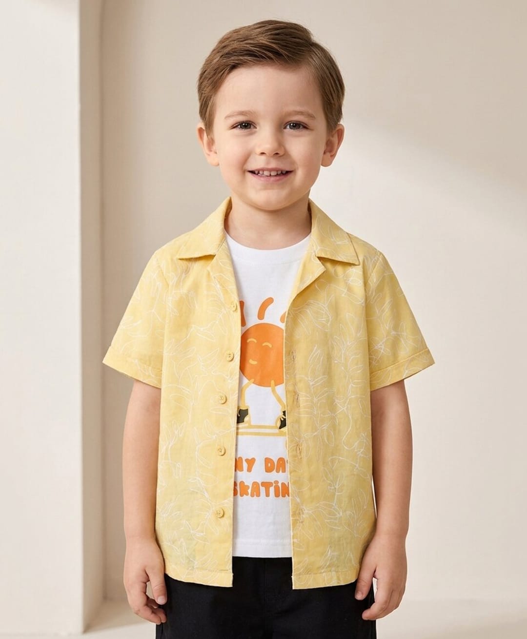 Rikidoos Cotton Woven Half Sleeves Leafy Printed Box Style Shirt With T-Shirt - Light Yellow-image-33