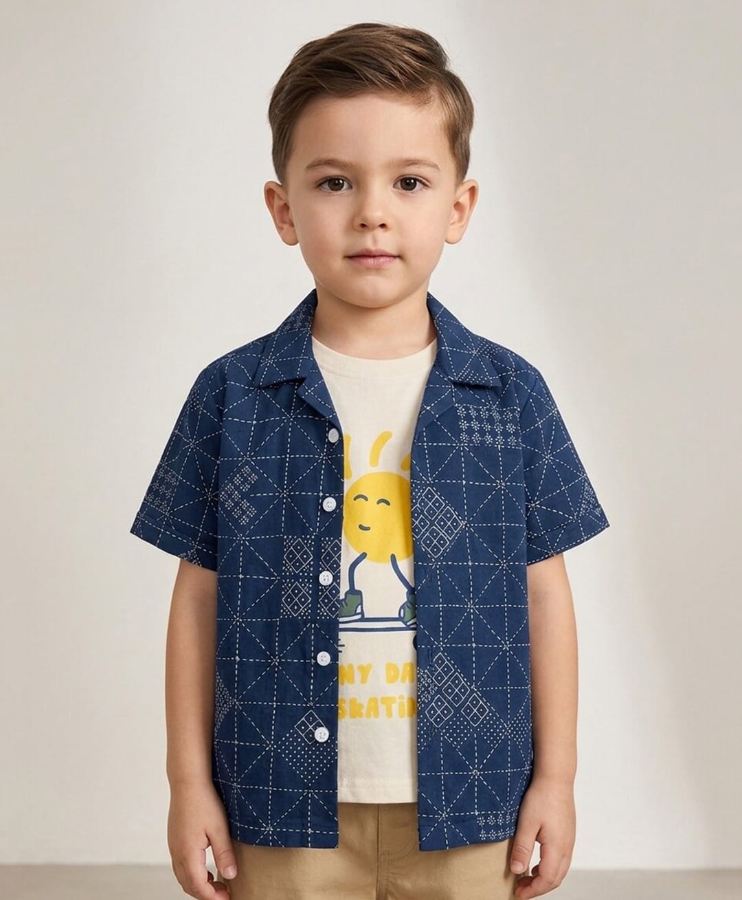 Rikidoos Cotton Woven Half Sleeves Abstract Printed Box Style Shirt With T-Shirt - Navy & Off White-image-16