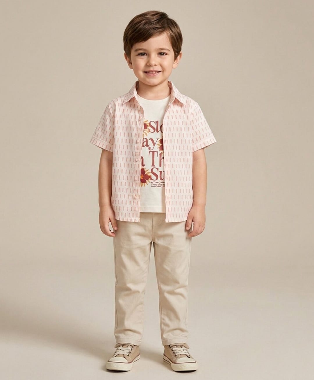 Rikidoos Cotton Woven Half Sleeves Printed Box Style Shirt With T-Shirt - Baby Pink & White-picture-3