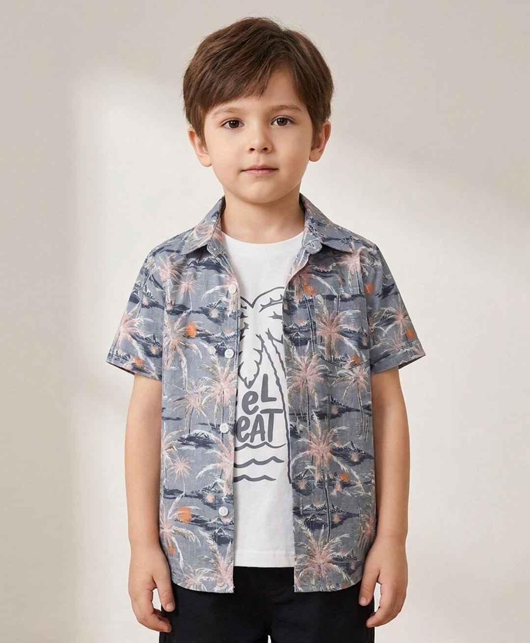 Rikidoos Cotton Woven Half Sleeves Tropical Theme Printed Box Style Shirt With T-Shirt - Grey-image-11