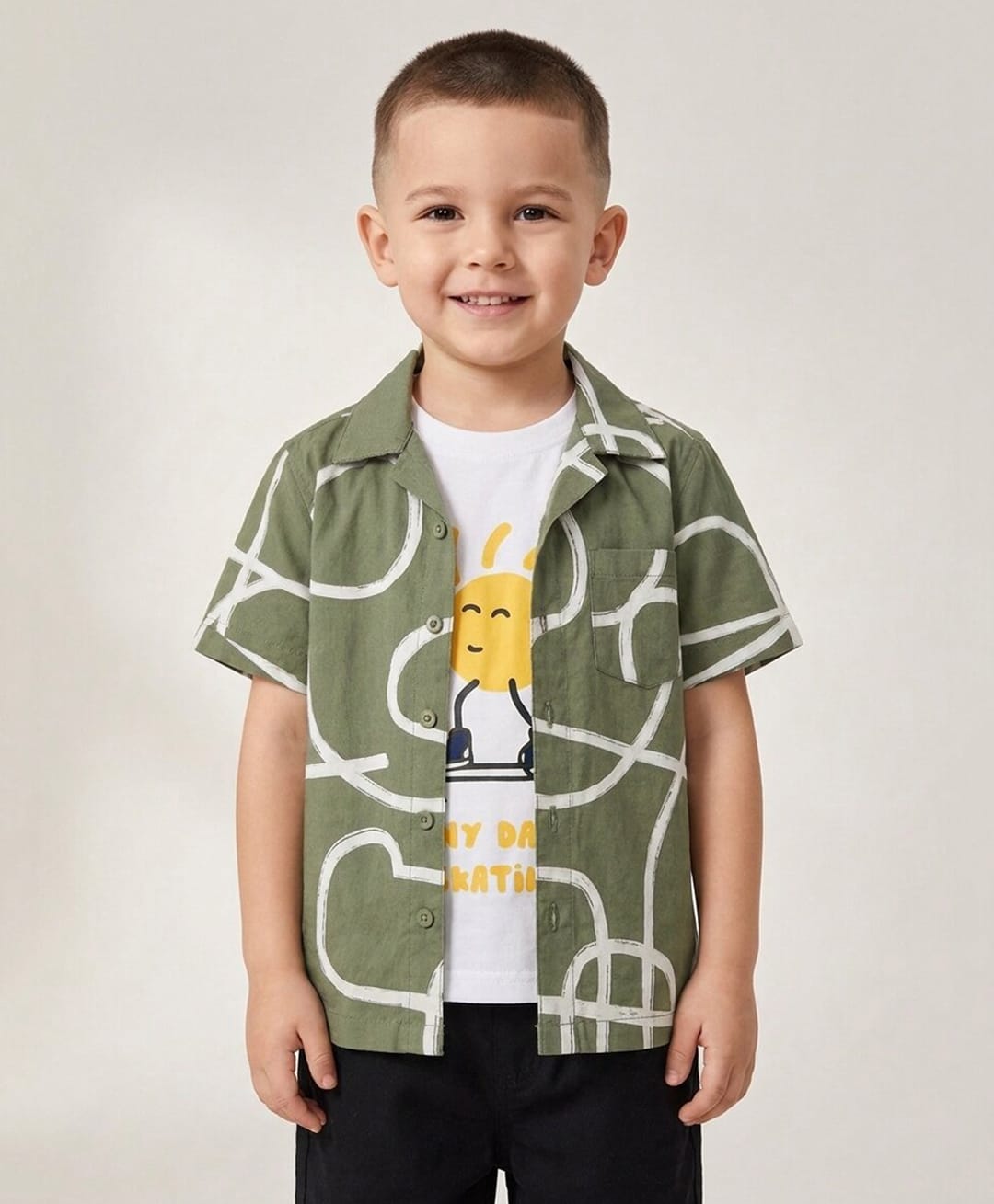 Rikidoos Cotton Woven Half Sleeves Abstract Printed Box Style Shirt With T-Shirt - Olive & White-picture-24