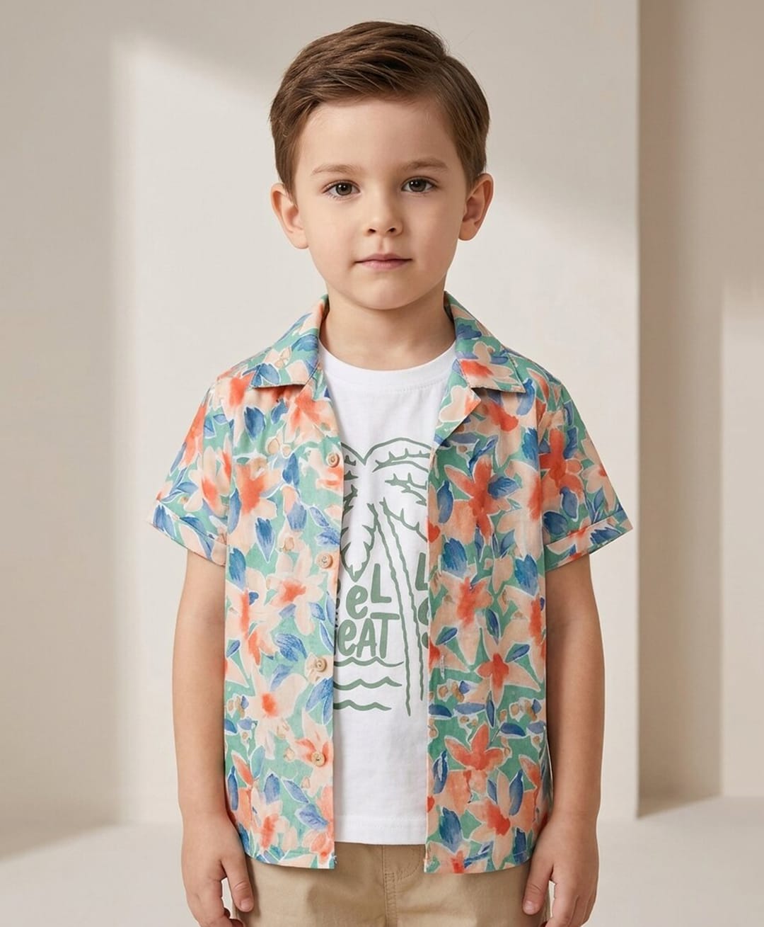 Rikidoos Cotton Woven Half Sleeves Floral Printed Box Style Shirt With T-Shirt - Light Green & White-picture-20