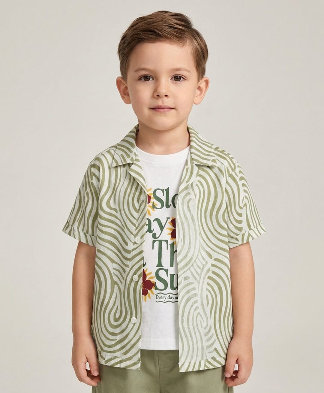 Rikidoos Cotton Woven Half Sleeves Abstract Printed Box Style Shirt With T-Shirt - Light Green & White-picture-27