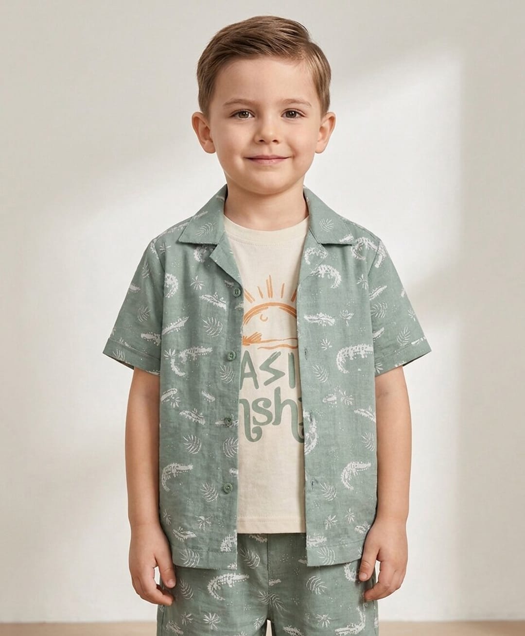 Rikidoos Cotton Woven Half Sleeves Crocodile Printed Box Style Shirt With T-Shirt - Olive & White-image-22