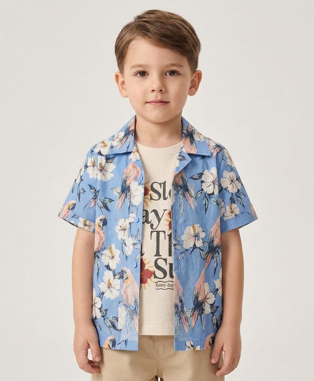 Rikidoos Cotton Woven Half Sleeves Floral Printed Box Style Shirt With T-Shirt - Blue & White-picture-23