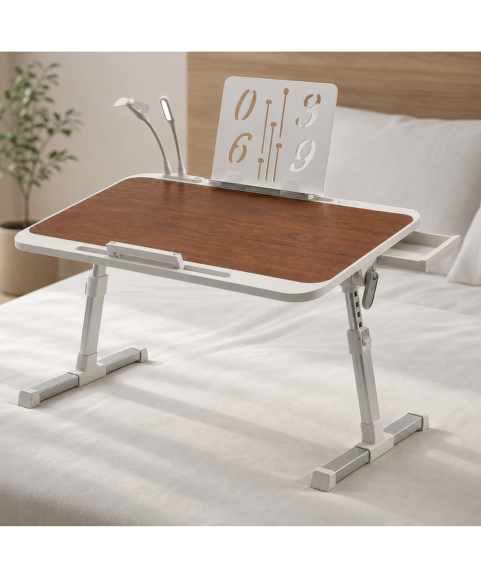 StarAndDaisy Kids Study Table Foldable Multipurpose Bed Table for Kids and Laptop Use Adjustable Height and Angle with USB Port LED Light Mini Cooling Fan Brown