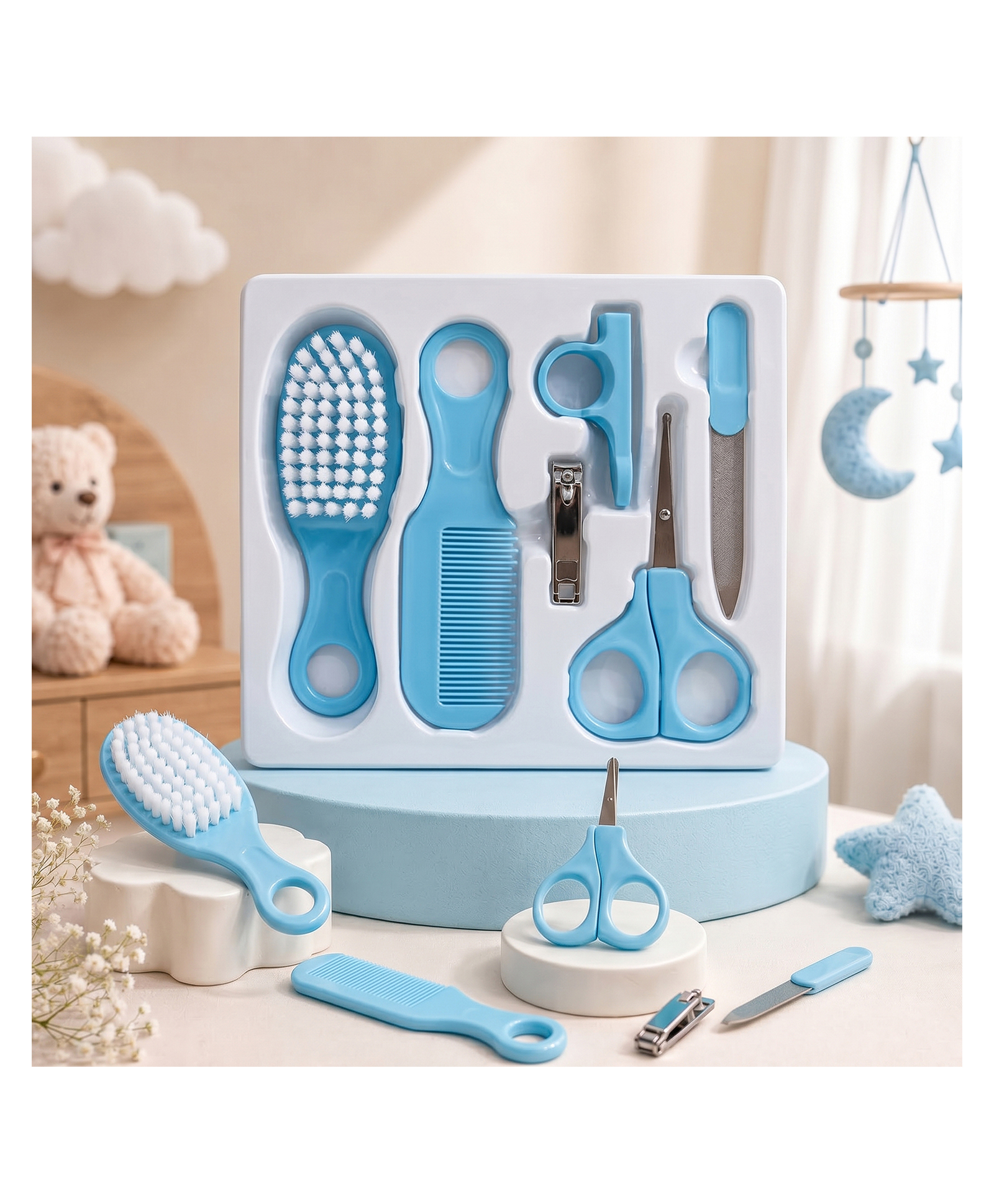 StarAndDaisy Baby Grooming Care Kit for Newborn Baby Hair Brush and Comb Baby Nail Scissor Nail Cutter Safety Holder and Nail Filer for Infants and Toddlers Blue-image-49
