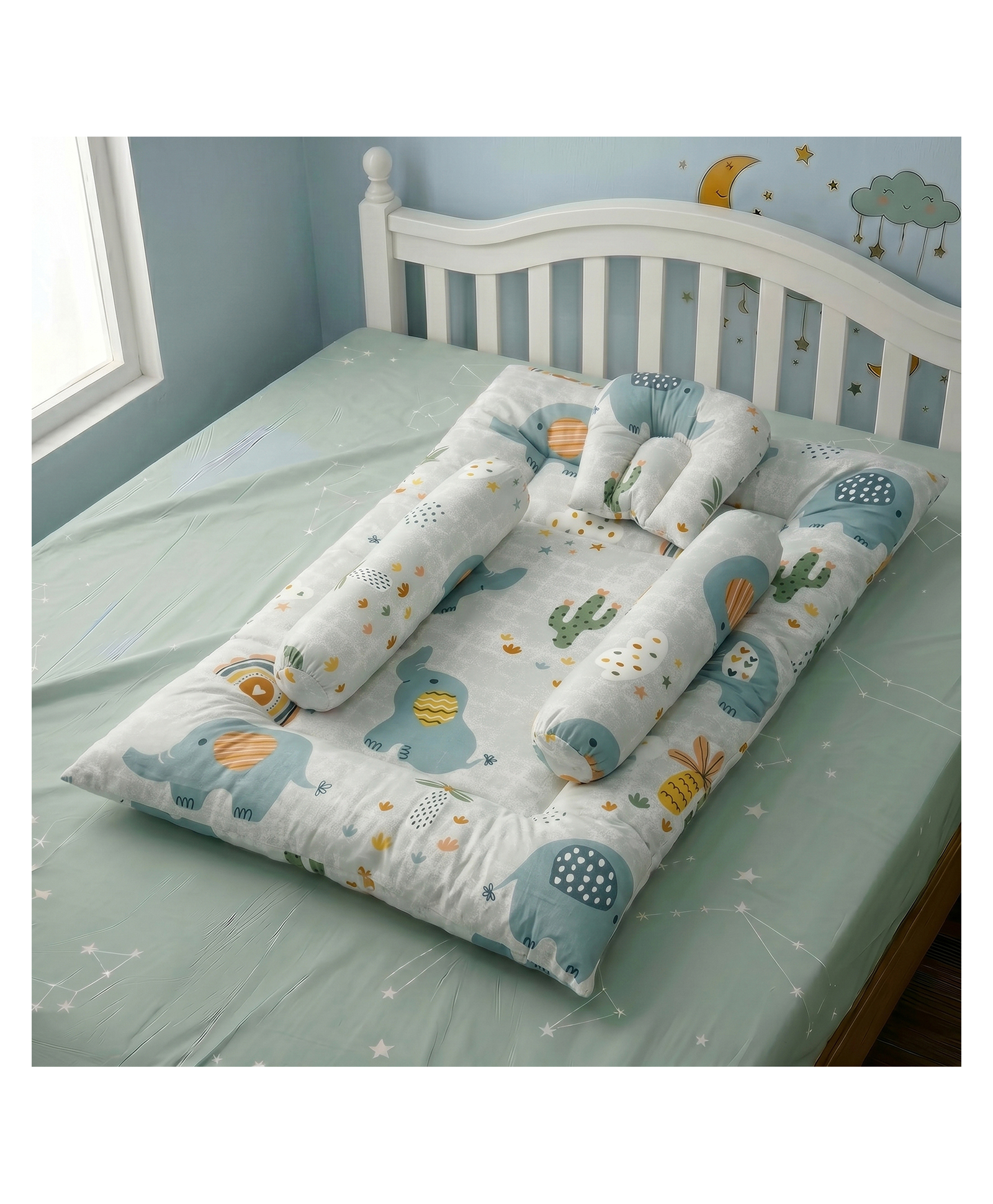 StarAndDaisy Newborn Baby Bedding Set Soft Breathable Baby Bed Cotton Cushioned Mattress Sheet with Two Side Bolster Pillows and One Head Pillow Comfortable for Boys and Girls Elephant Print-image-1