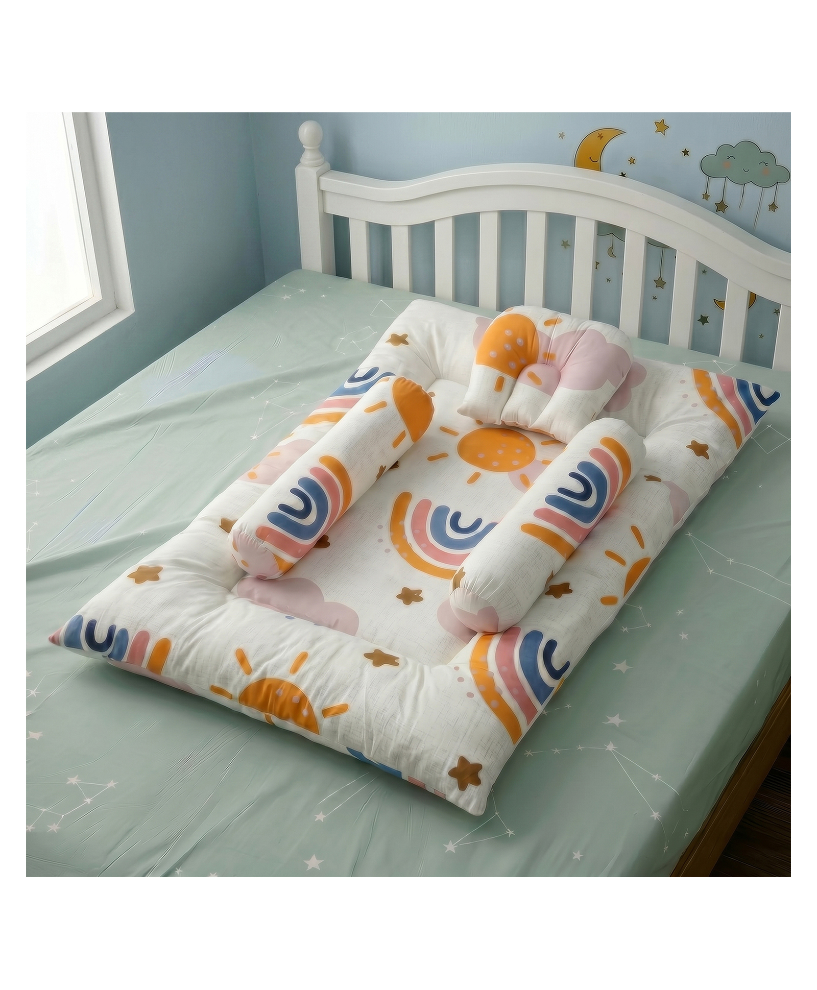 StarAndDaisy Newborn Baby Bedding Set Soft Breathable Baby Bed Cotton Cushioned Mattress Sheet with Two Side Bolster Pillows and One Head Pillow Comfortable for Boys and Girls Sun Print-picture-12