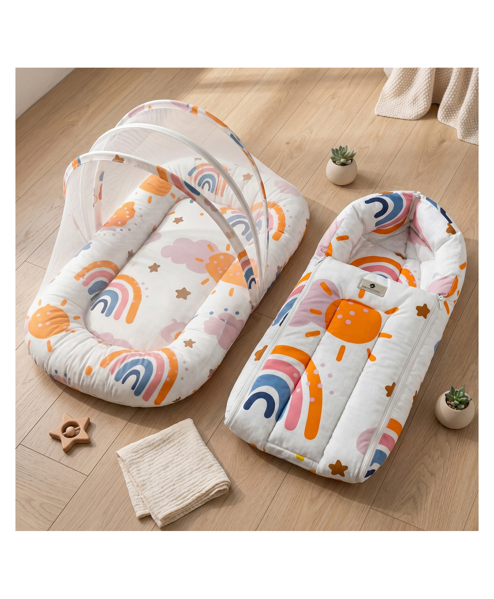 StarAndDaisy 2 in 1 Baby Sleeping Bag with Mosquito Net for Newborn Soft Breathable Cotton Sleeping Sack and Wrapper Foldable Baby Protection Bag for Infants 0 to 12 Months Sun Print-image-11