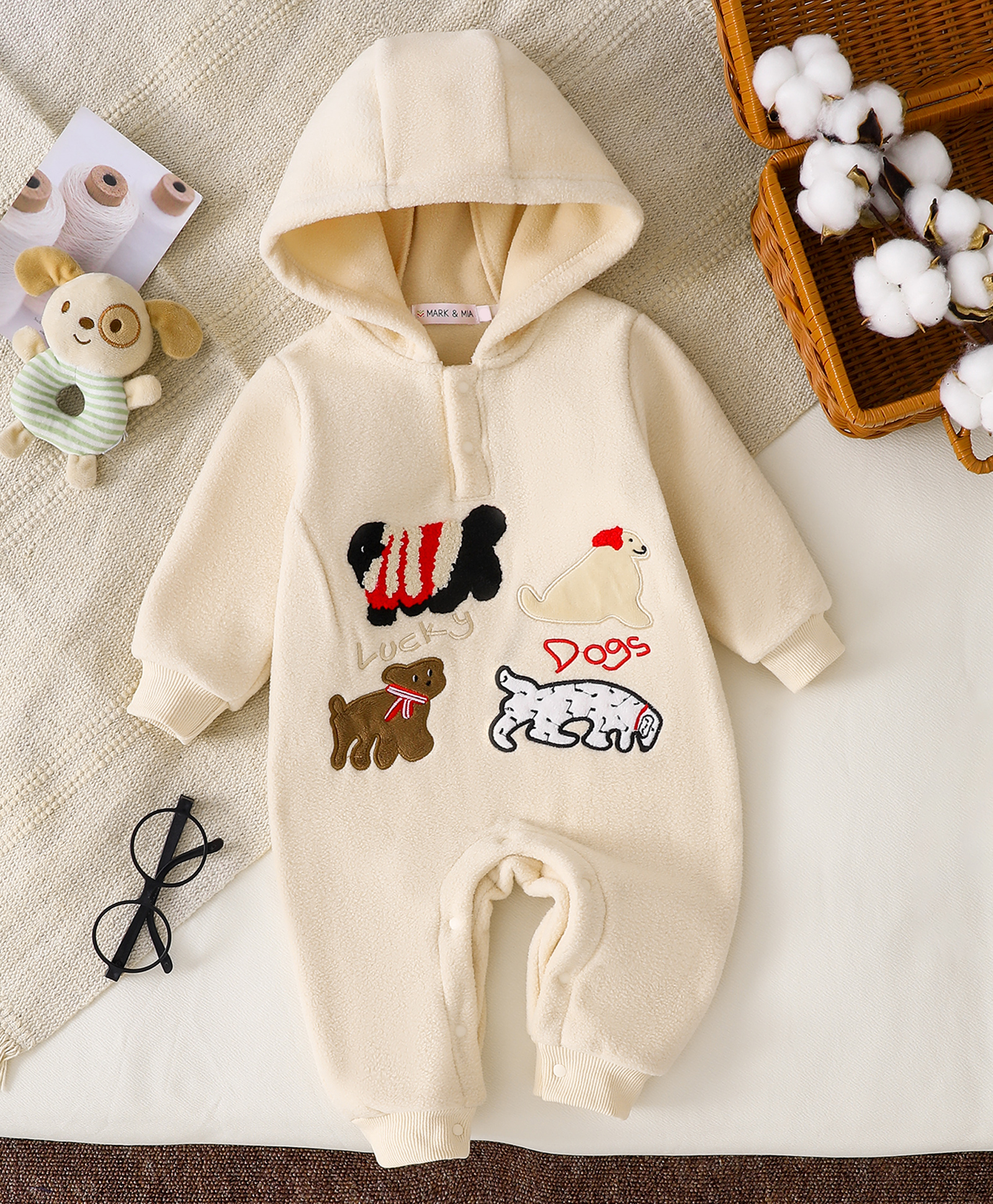 Mark & Mia Full Sleeves Hooded Winter Wear Romper With Animal Embroidery - Beige-picture-15