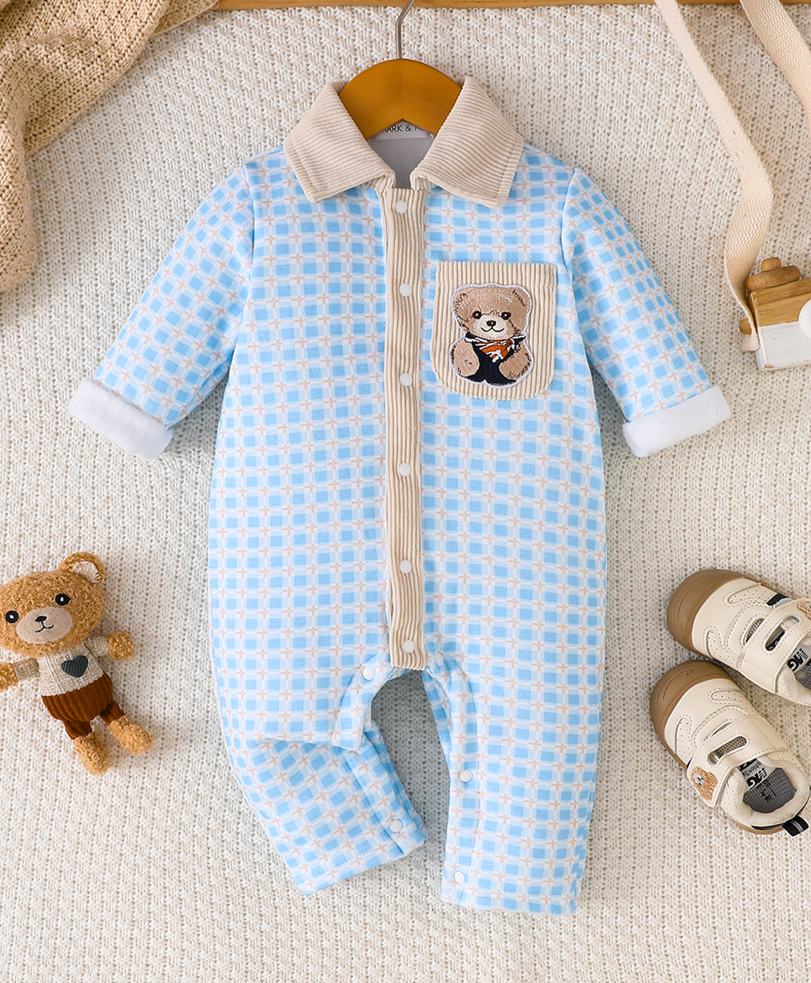 Mark & Mia Full Sleeves Checked Winter Romper With Bear Patch - Light Blue-picture-12
