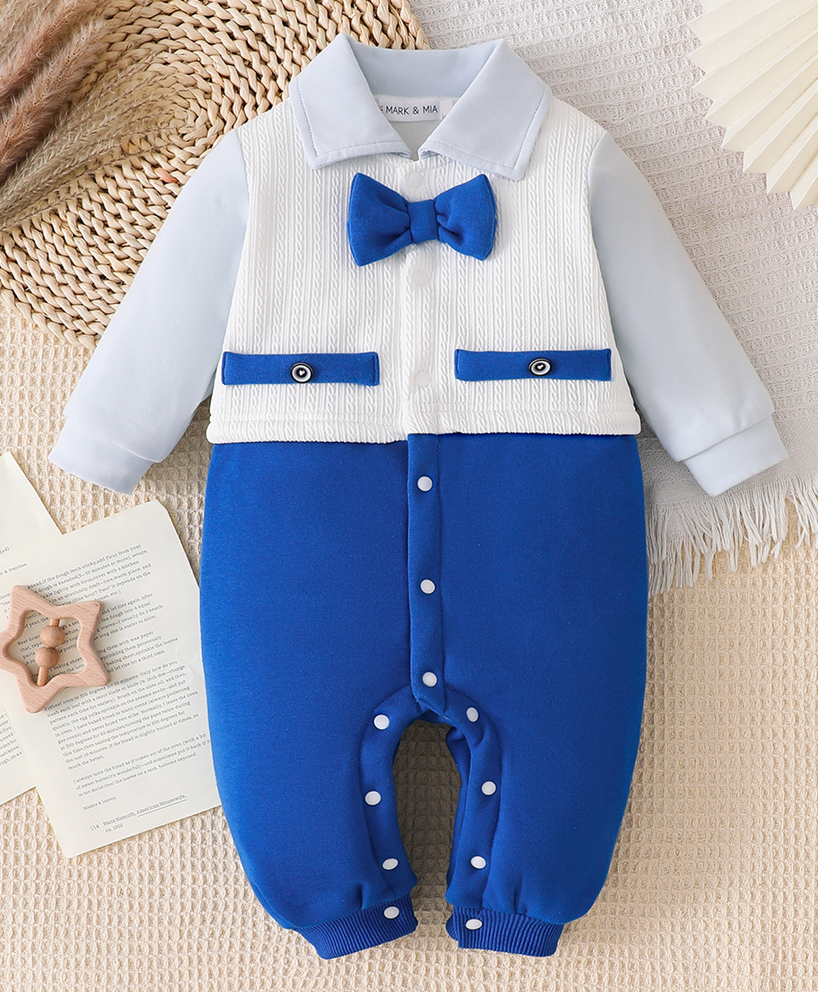 Mark & Mia Cotton Full Sleeves Winter Wear Romper With Bow Applique - White & Blue-picture-25