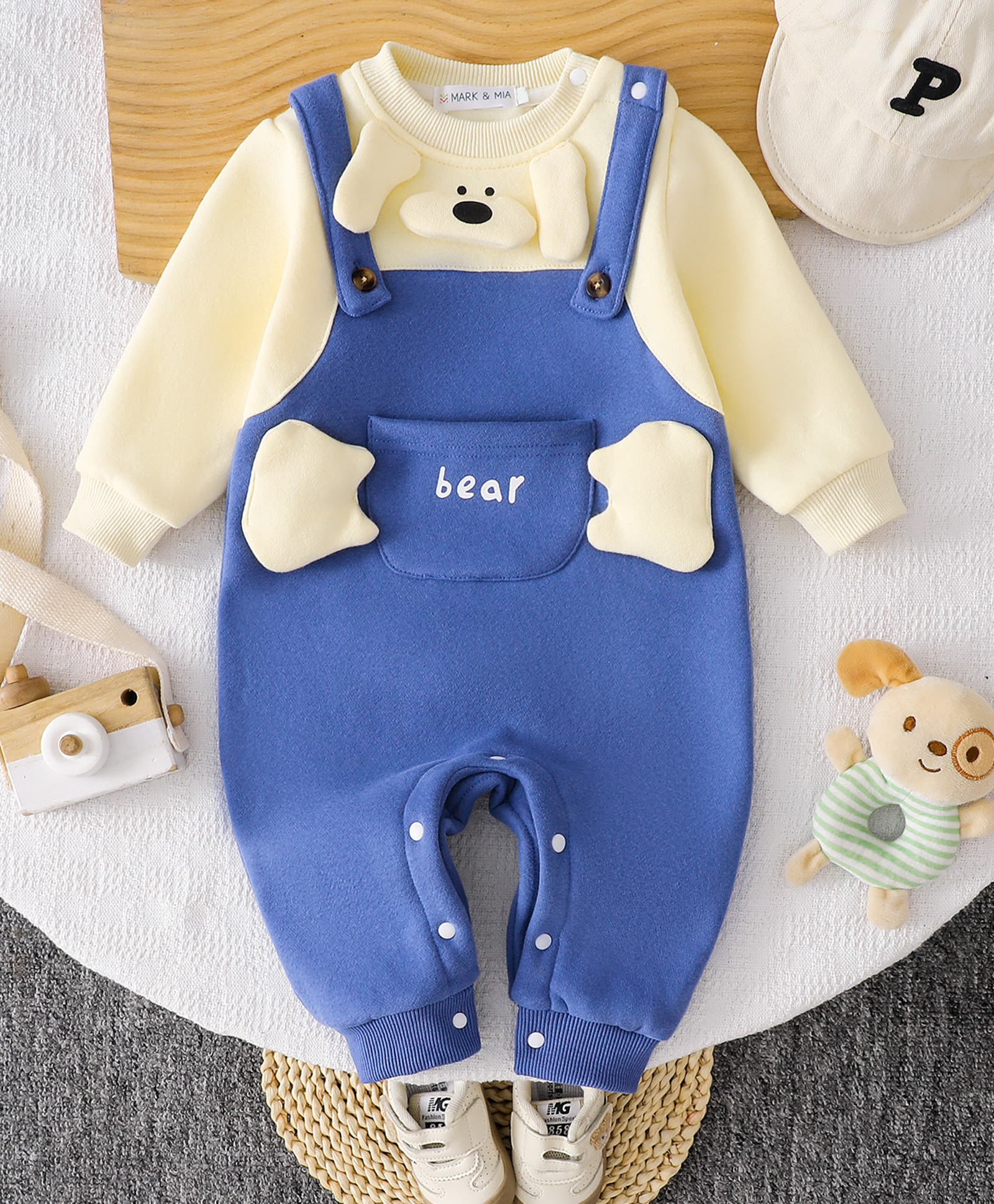 Mark & Mia Cotton Full Sleeves Winter Wear Romper With Bear Print & Applique - Blue-image-31