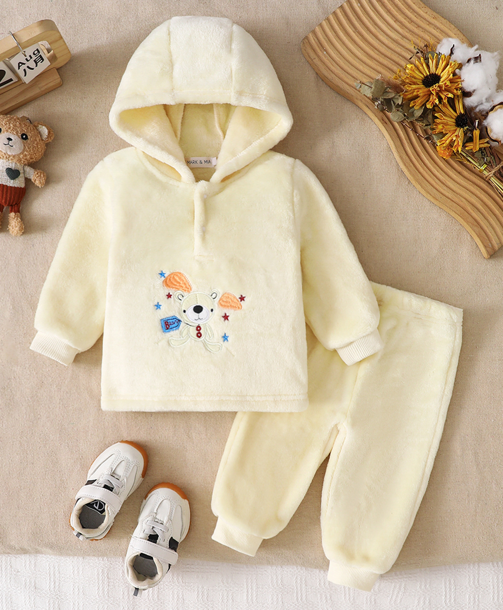 Mark & Mia Full Sleeves Hooded T-Shirt & Pyjama Winter Wear Night Suit with Bear & Star Embroidery - Yellow-image-37