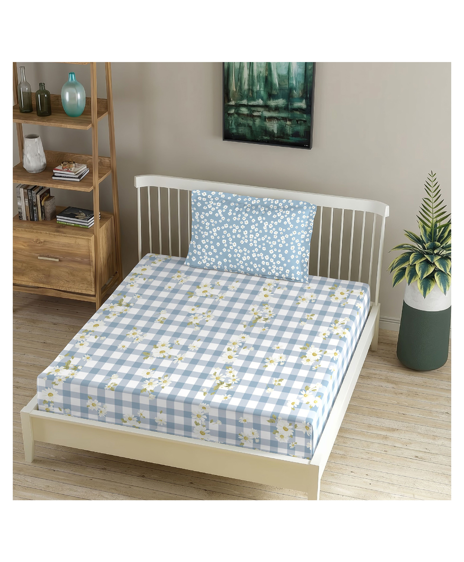 Morado Premium Glace Cotton Flat Single Bedsheet with 1 Pillow Cover | 60x90 Inches | Soft & Breathable Fabric | Skin-Friendly, Durable & Comfortable for Everyday Use | Blue Flower Check-picture-26