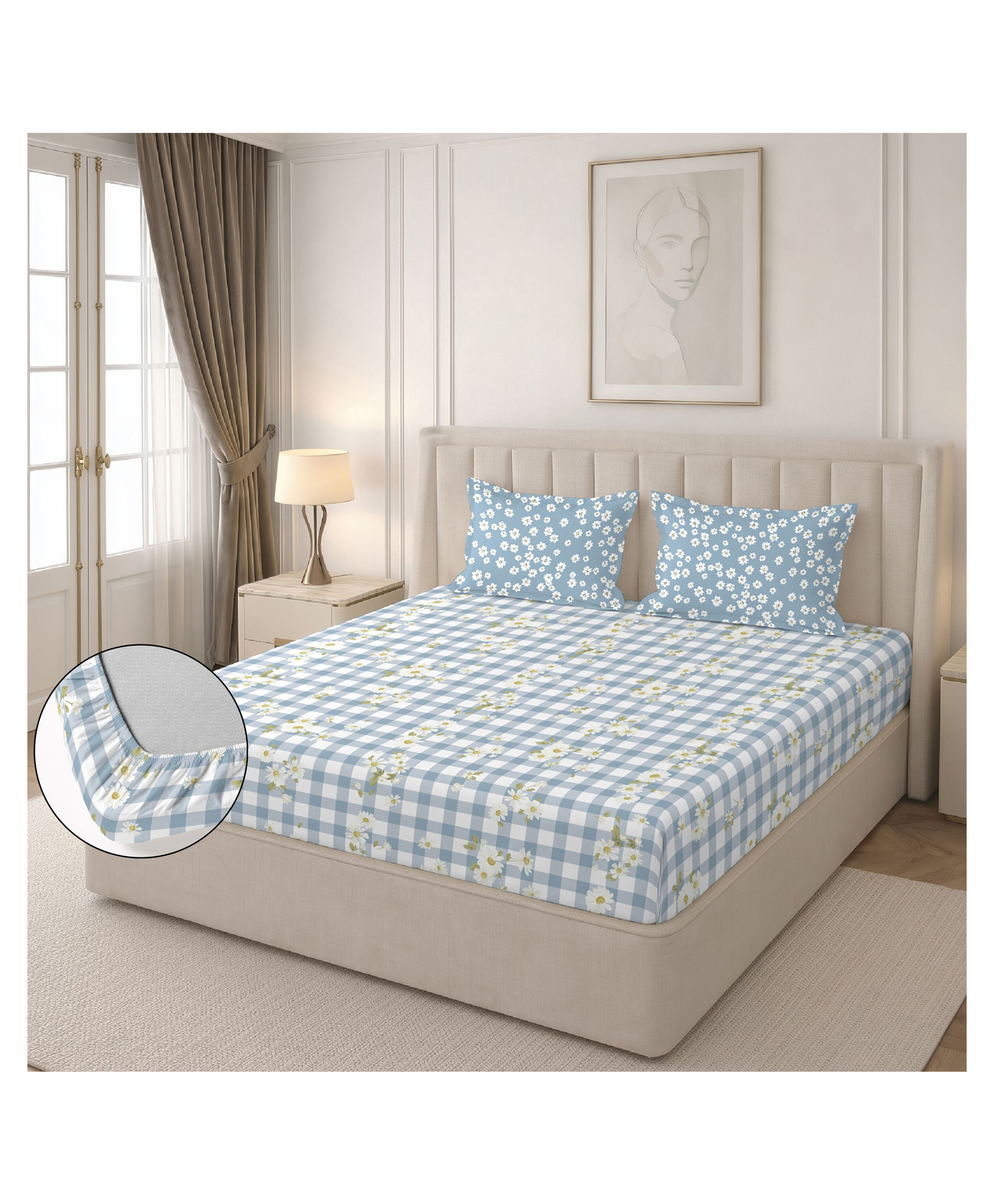 Morado Premium Glace Cotton Elastic Fitted Double Bedsheet with 2 Pillow Covers | 72x78x8 Inches | Soft & Breathable Fabric | Skin-Friendly, Durable & Comfortable for Everyday Use | Blue Flower Check-picture-15