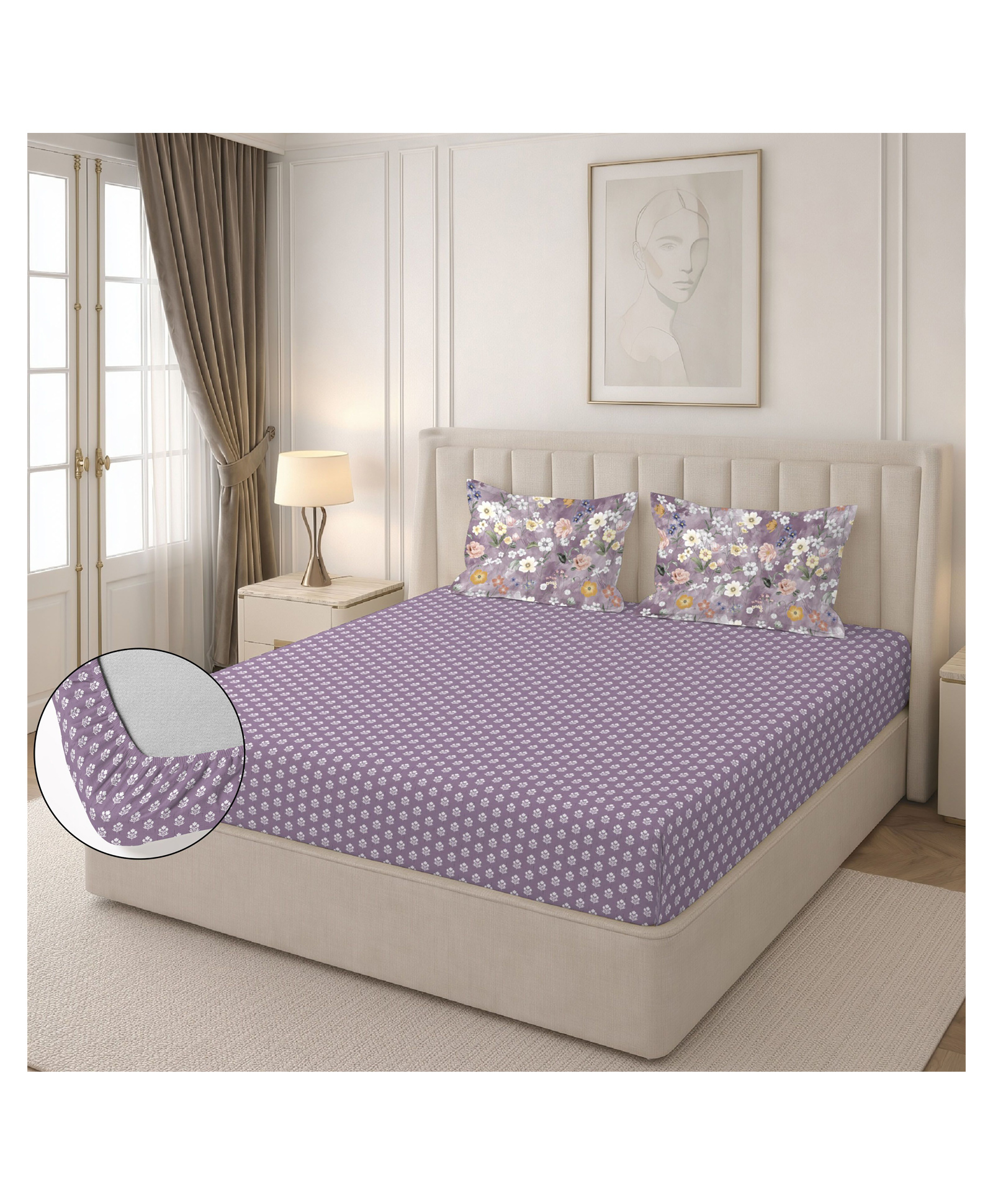 Morado Premium Glace Cotton Elastic Fitted Double Bedsheet with 2 Pillow Covers | 72x78x8 Inches | Soft & Breathable Fabric | Skin-Friendly, Durable & Comfortable for Everyday Use | Purple Flowers-image-37