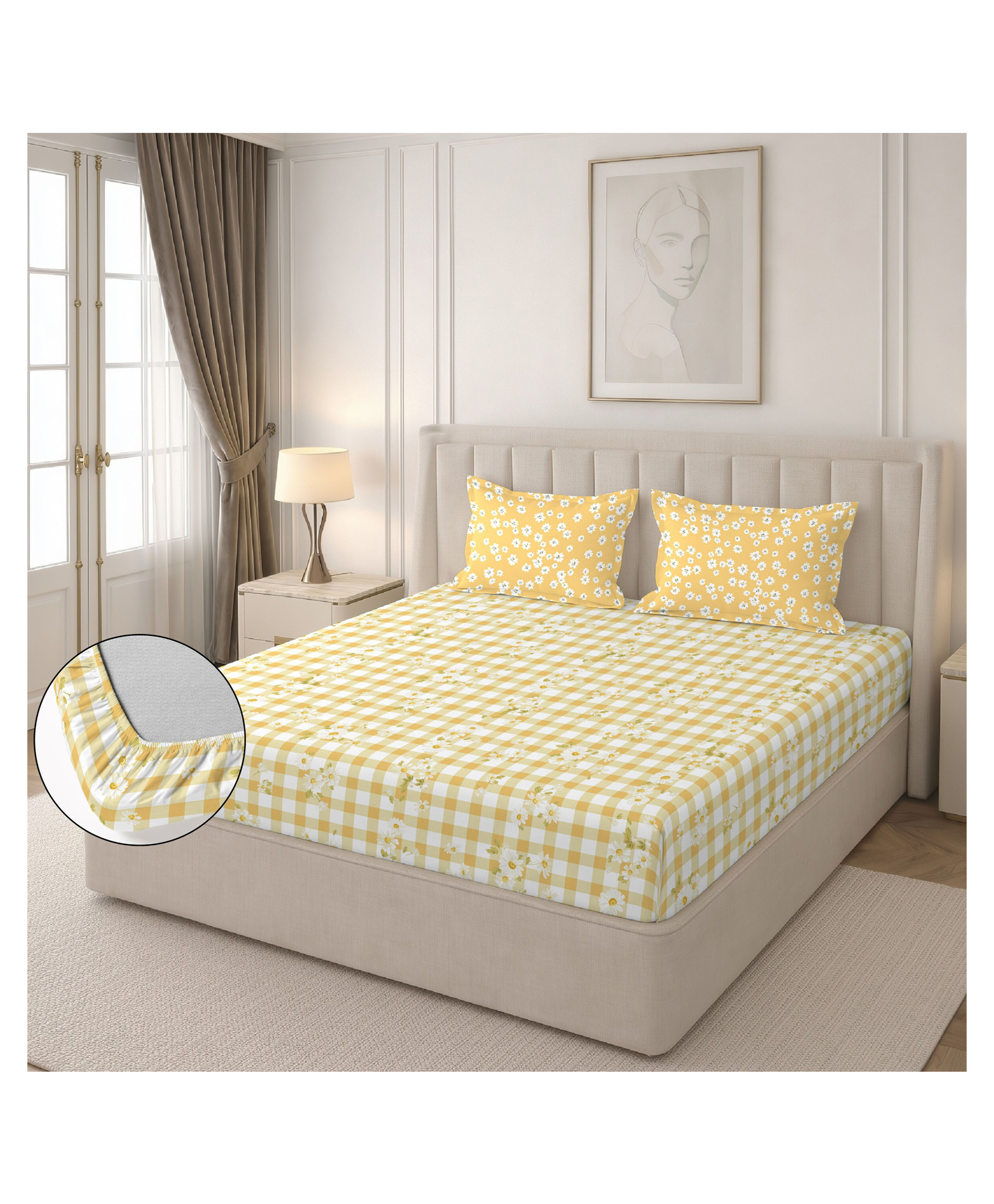 Morado Premium Glace Cotton Elastic Fitted Double Bedsheet with 2 Pillow Covers | 72x78x8 Inches | Soft & Breathable Fabric | Skin-Friendly, Durable & Comfortable for Everyday Use | YellowFlowerCheck-image-2