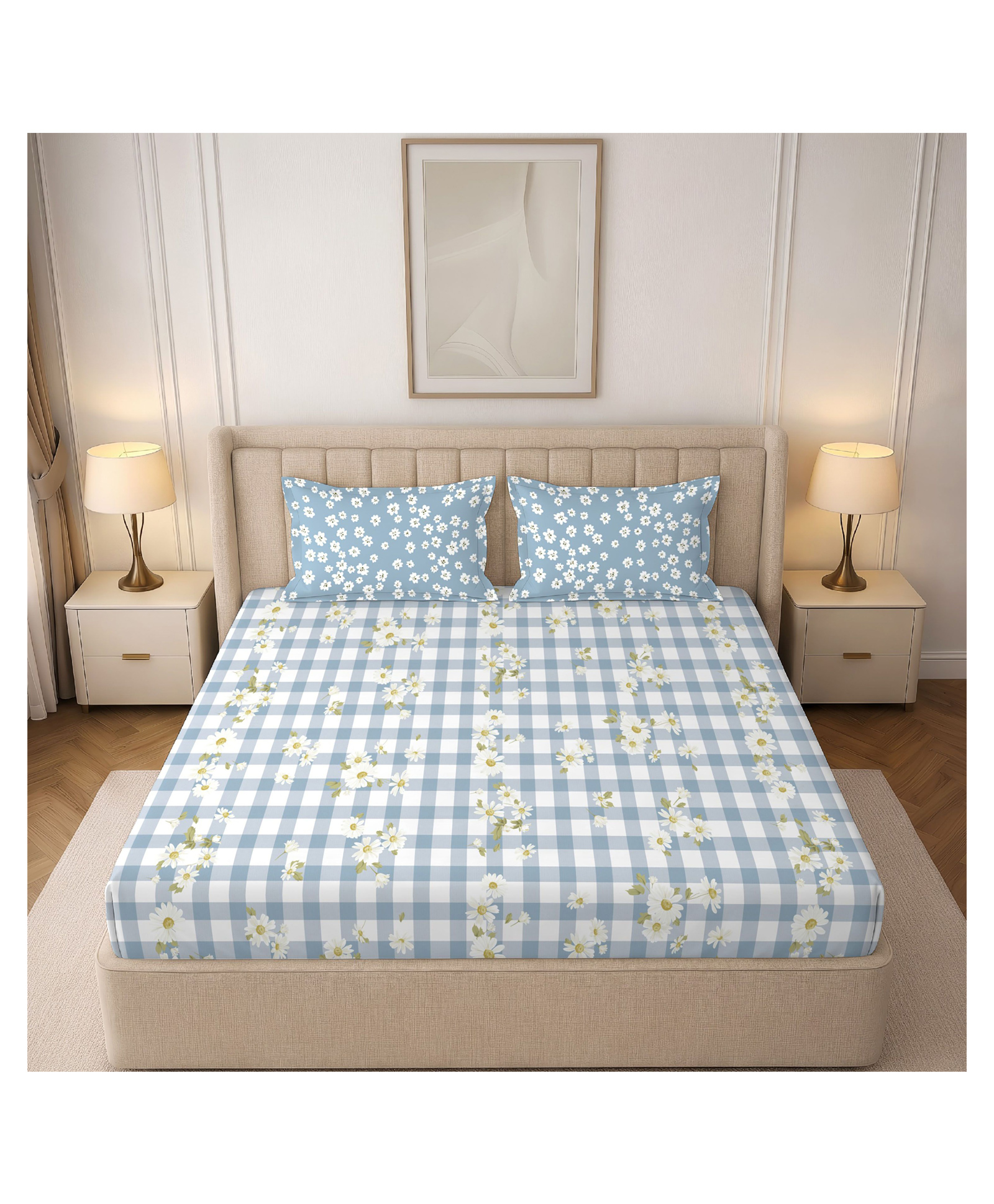 Morado Premium Glace Cotton Flat Double Bedsheet with 2 Pillow Covers | 90x100 Inches | Soft & Breathable Fabric | Skin-Friendly, Durable & Comfortable for Everyday Use | Blue Flower Check-image-47
