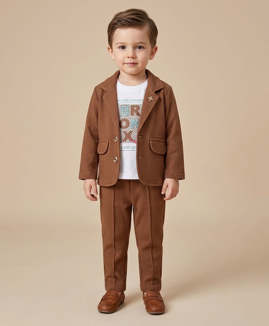 Rikidoos Embosis Hosiery Woven Full Sleeves Blazer With T-Shirt & Pant - Brown-picture-15