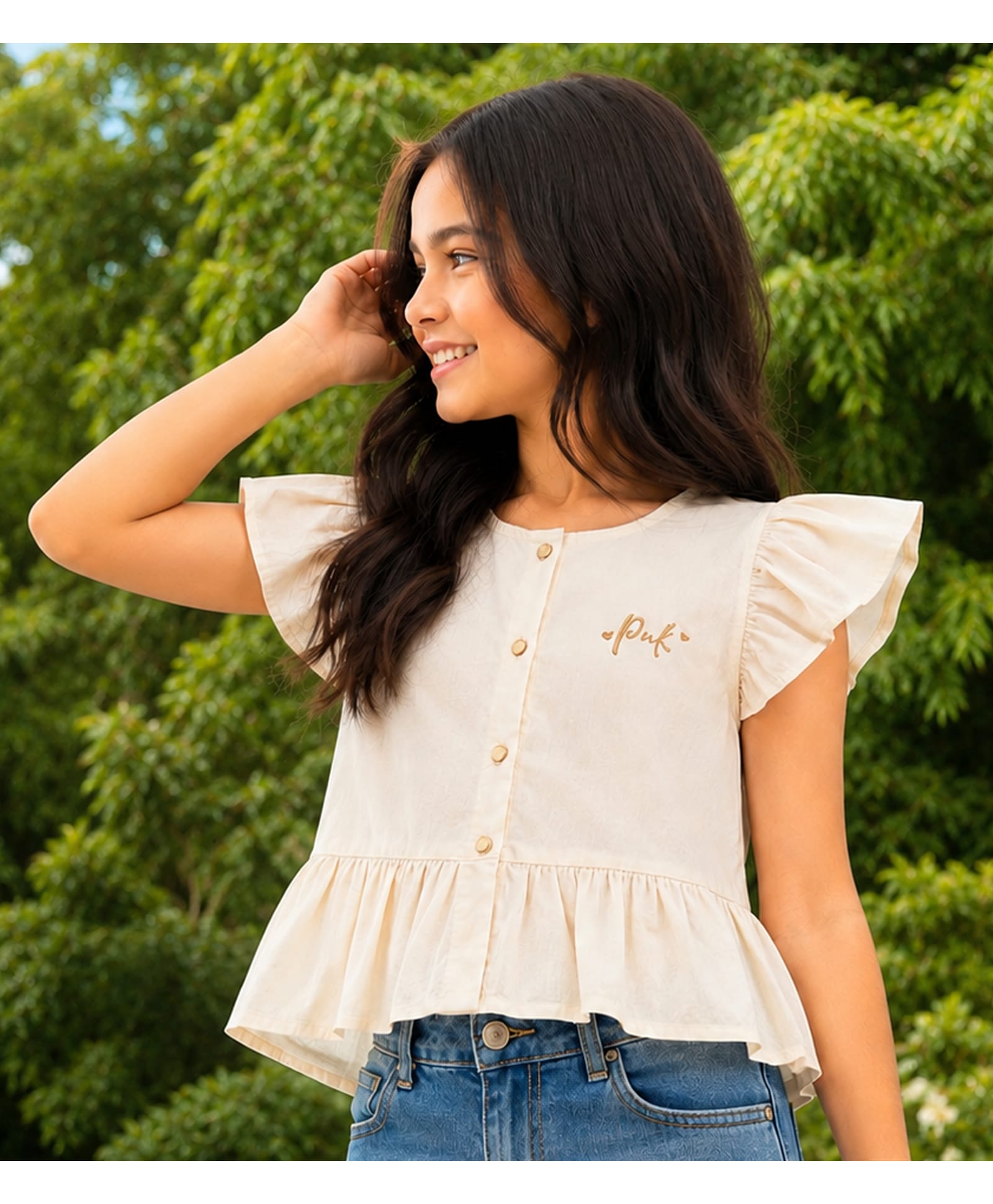 PURPLE UNITED KIDS Poplin Woven Flutter Sleeves Brand Name Embroidered Top - Off White-image-1