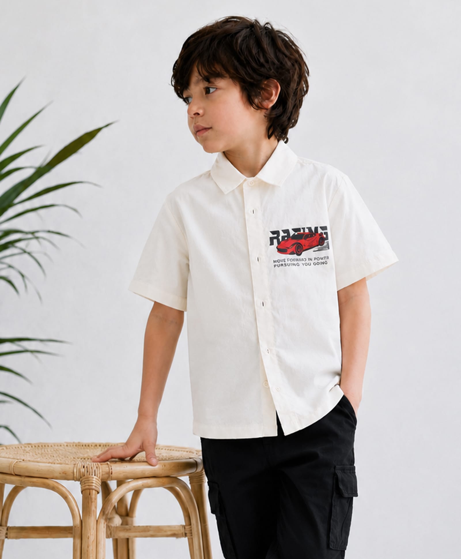 PURPLE UNITED KIDS Poplin Woven Half Sleeves Car Printed Shirt - White-image-32