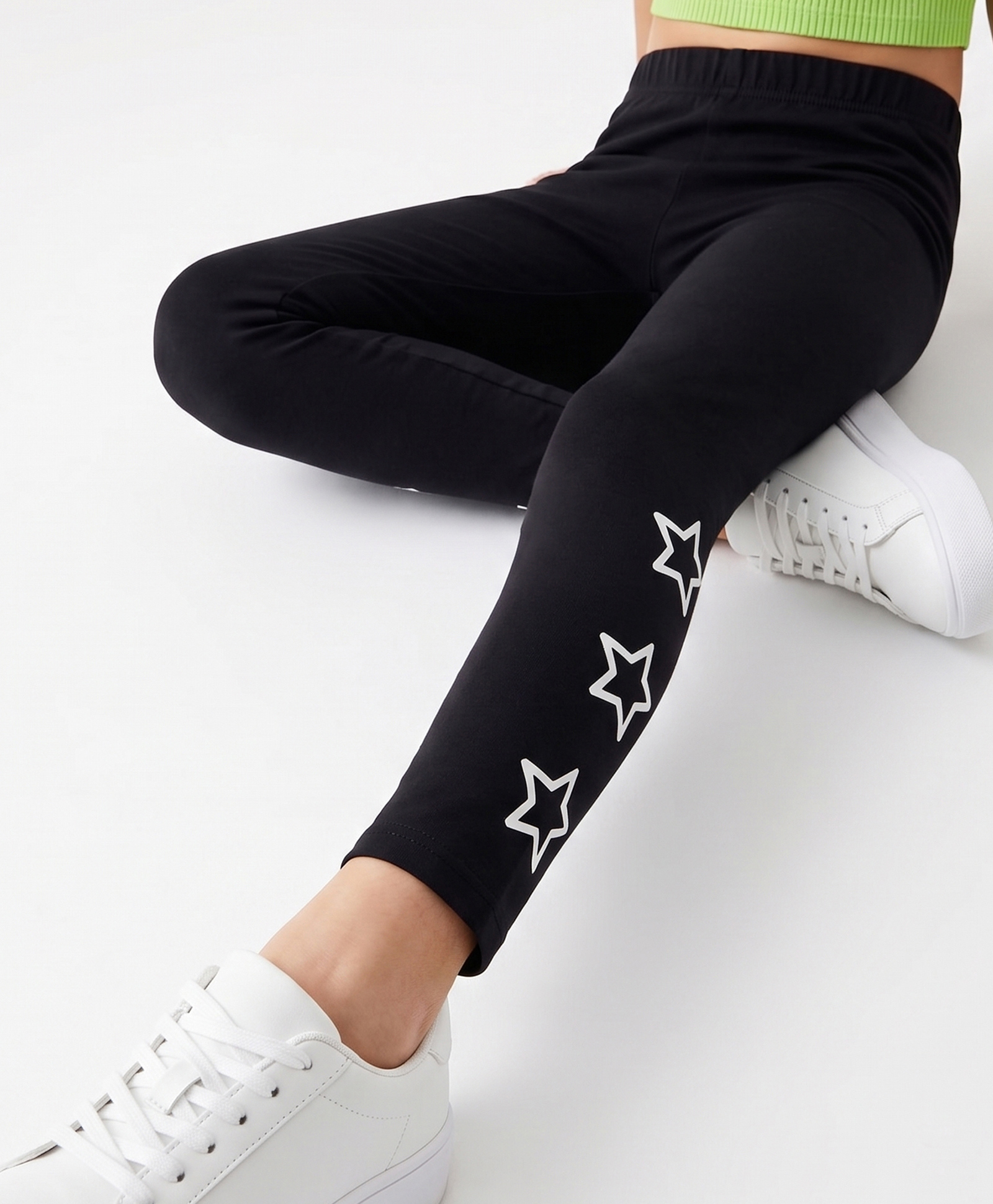 Pine Kids Cotton Lycra Knit Full Length Star Printed Leggings- Black-image-37