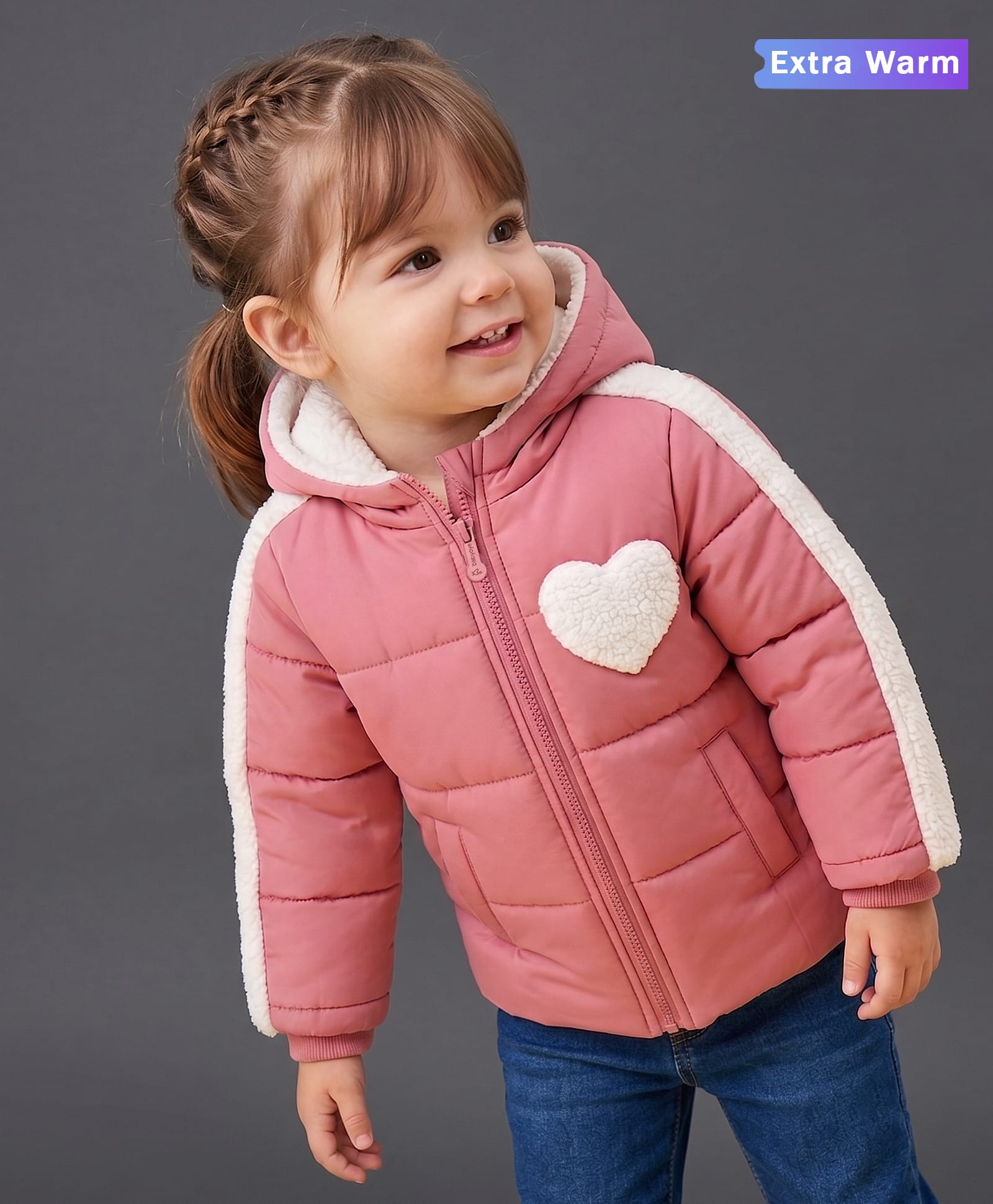 Babyoye Woven Padded Jacket with Full Sleeves and Hearts Applique - Dark Pink-image-0