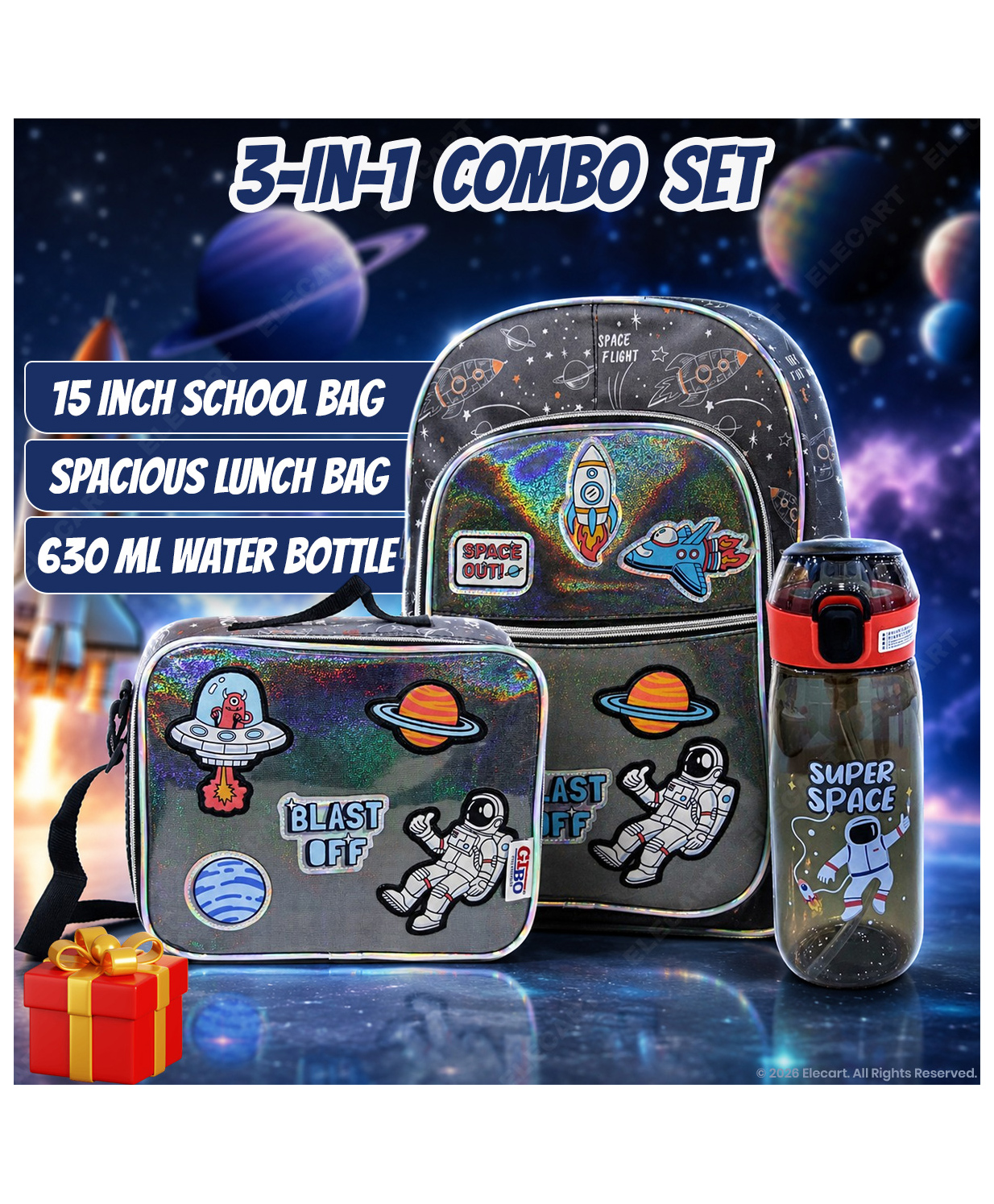 Elecart 15 Inch School Bag Combo Set for Girls 3 in 1 Back to School Hamper | Astronaut Backpack, Insulated Lunch Bag & Water Bottle | School Essentials Gift Set for Toddlers & Small Kids-picture-10