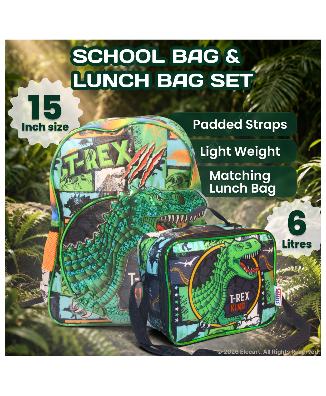Elecart 15 Inch School Bag Combo Set for Boys & Girls Back to School Hamper | Dino Backpack & Insulated Lunch Bag | School Essentials Gift Set for Toddlers & Small Kids-image-5