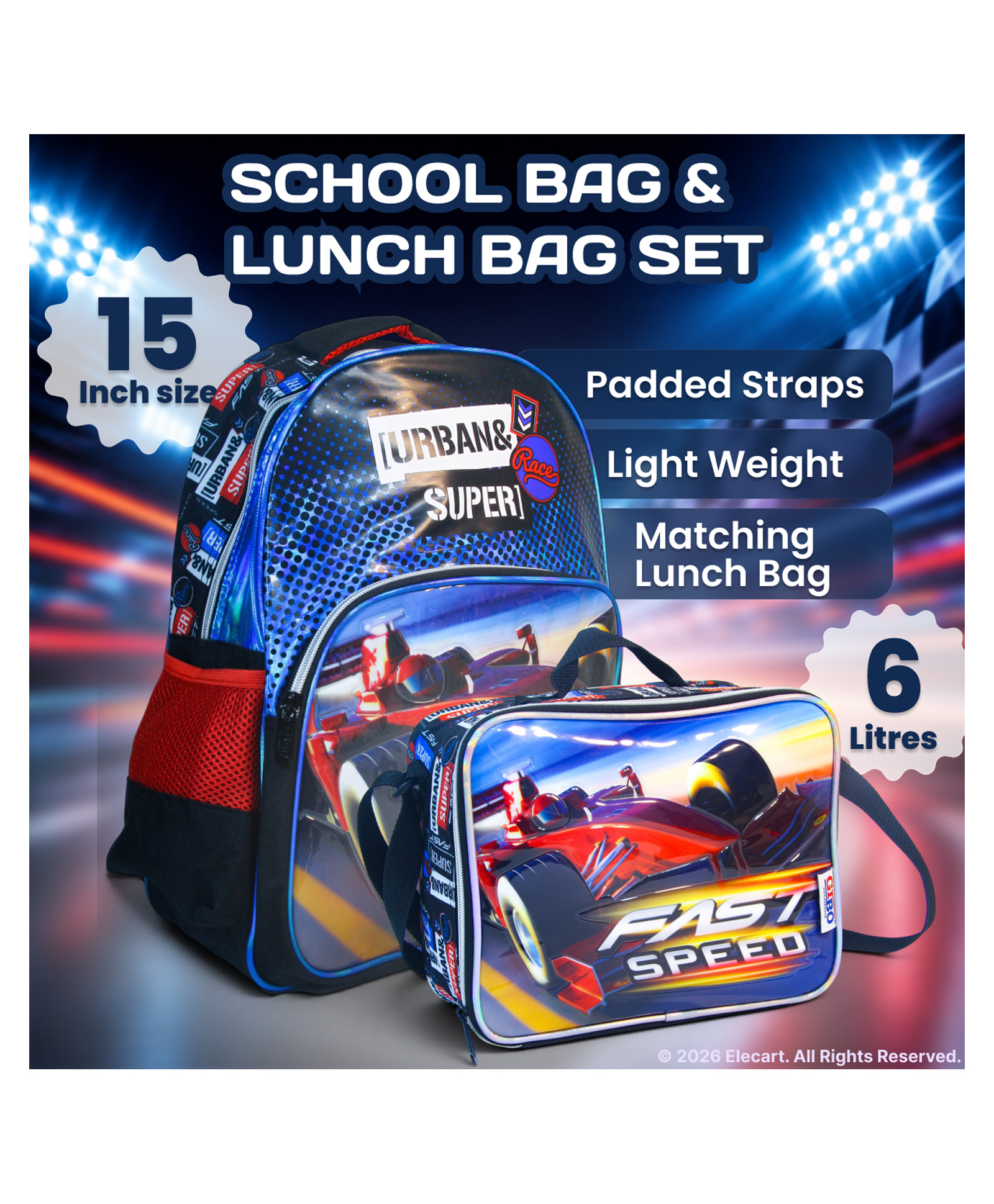 Elecart 15 Inch School Bag Combo Set for Boys & Girls Back to School Hamper | Race Backpack & Insulated Lunch Bag | School Essentials Gift Set for Toddlers & Small Kids-image-6
