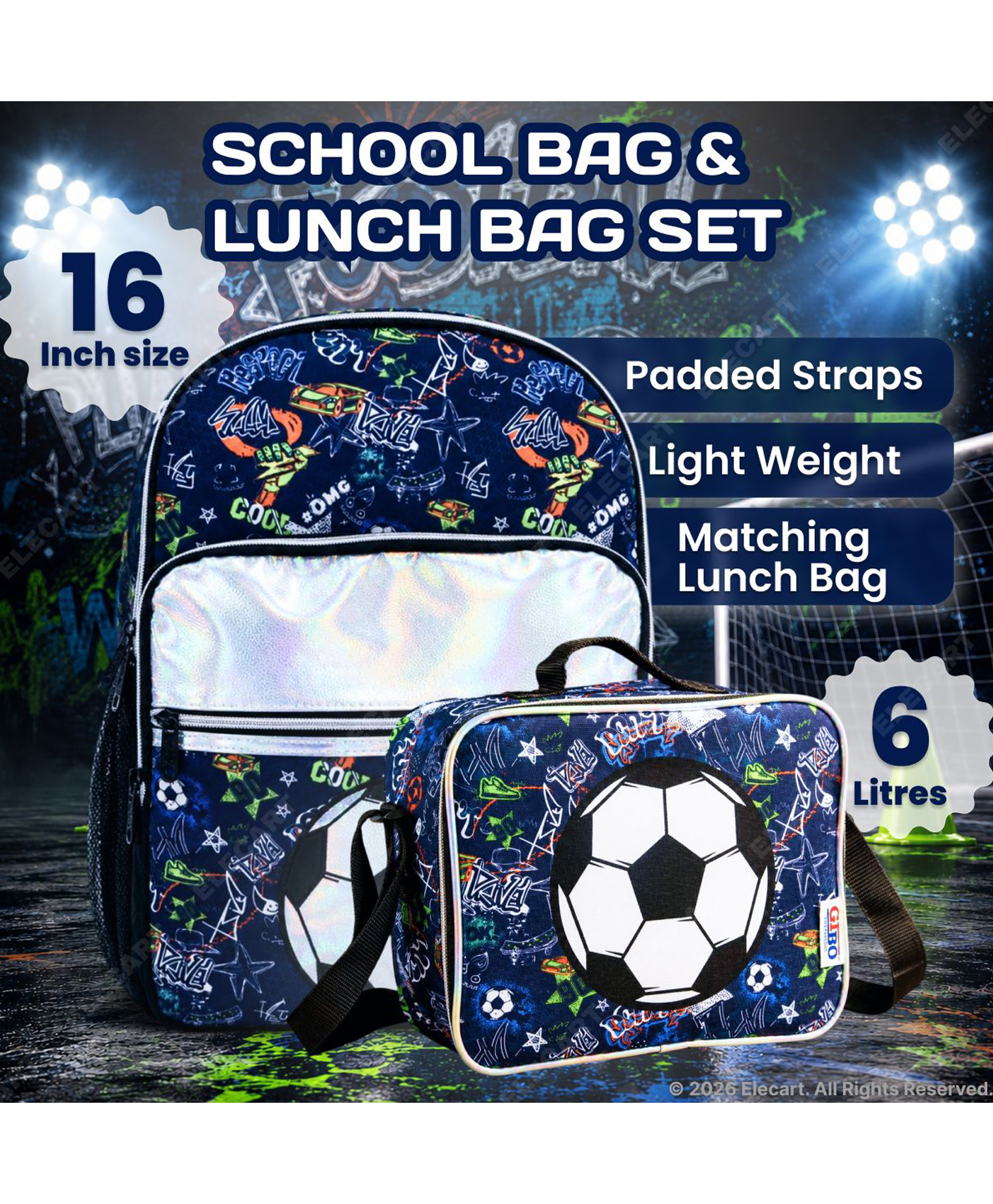 Elecart 16 Inch Soccer Backpack & Soccer theme Lunch Box Set for Boys & Girls School Bag with Insulated Lunch Bag | Cute Kids Backpack with Laptop Sleeve, Water Bottle Pocket, Padded Straps | Travel-image-3