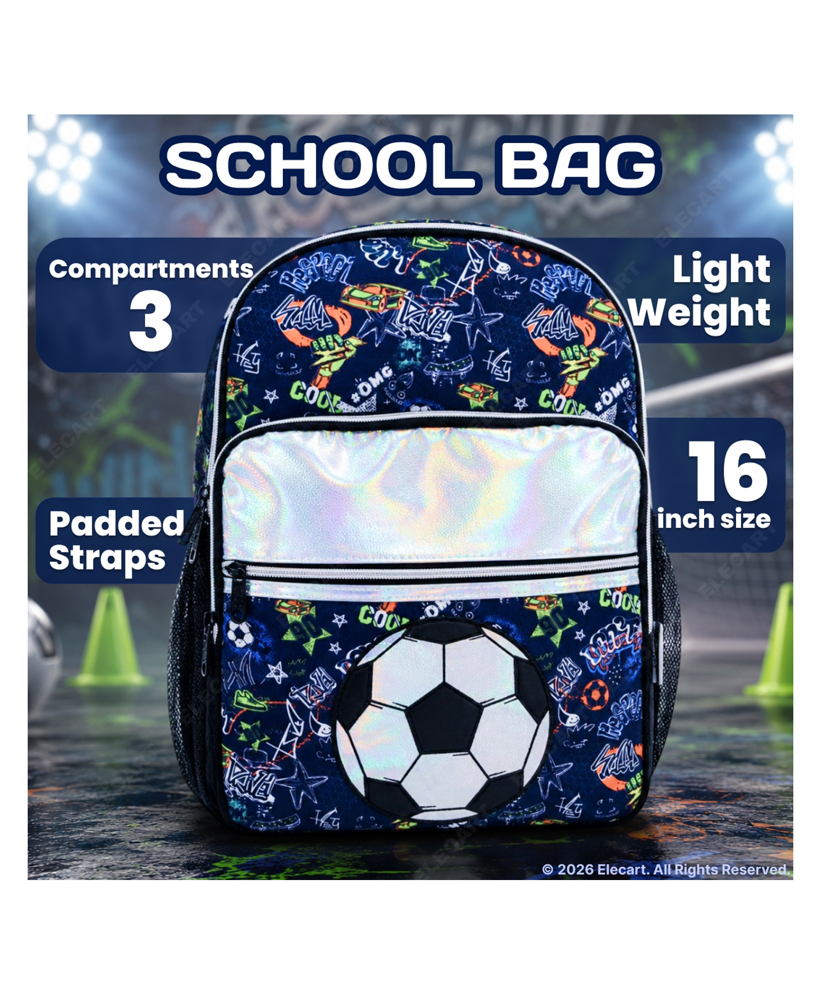 Elecart 16 Inch Soccer Backpack for Kids | 3 Compartments School Bag | Water Resistant Lightweight Travel Backpack | Durable Book Bag for Boys & Girls | Daily Use-image-35