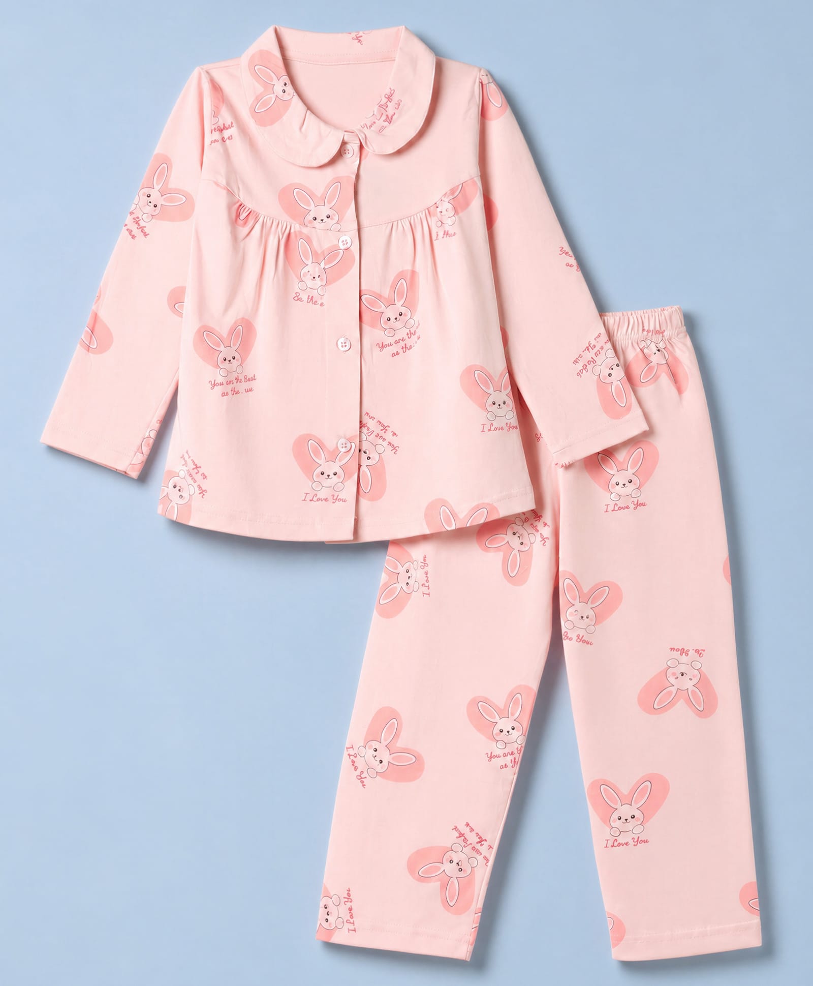 Evimo Single Jersey Knit Full Sleeves Co-Ords Top & Pyjama Night Suit with Bunny Print - Peach-picture-16
