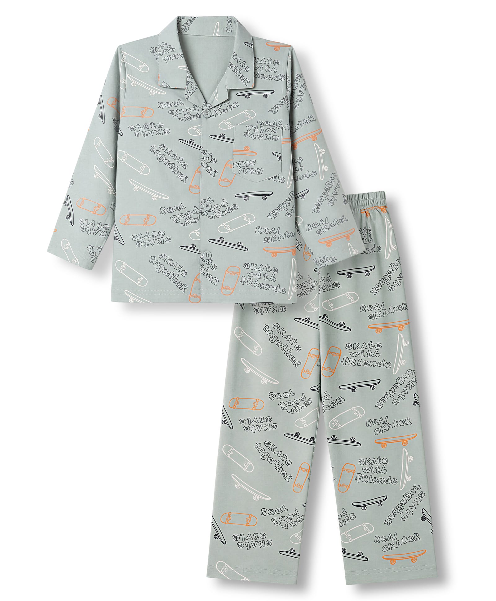 Evimo Single Jersey Knit Full Sleeves Co-Ords Shirt & Pyjama Night Suit with Skate Board Print - Light Green-picture-10