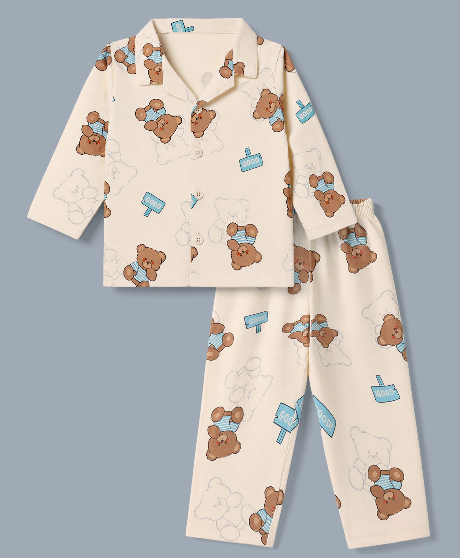 Evimo Single Jersey Knit Full Sleeves Co-Ords Shirt & Pyjama Night Suit with Bear Print - Cream-picture-17