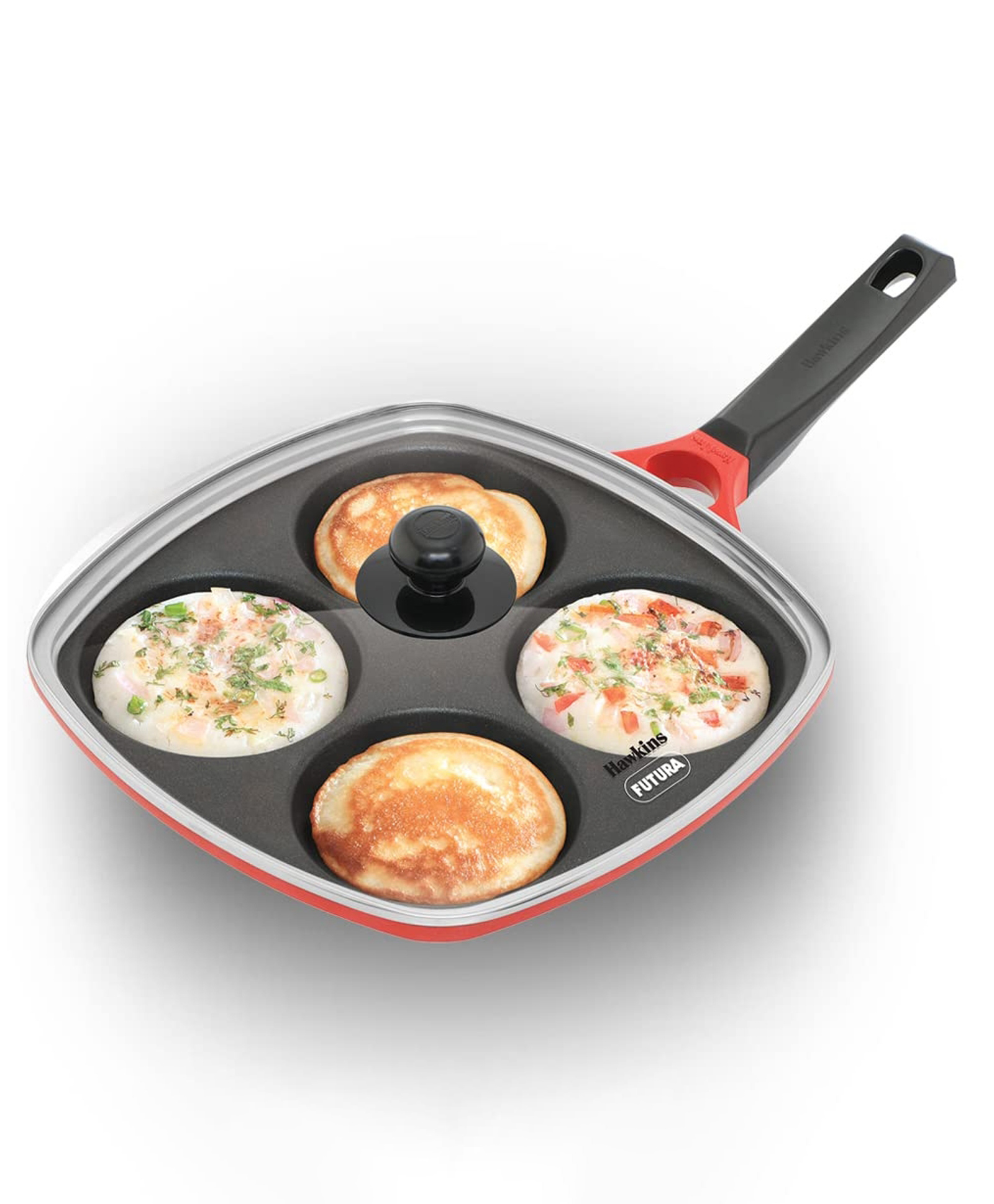 Hawkins 30 cm Die-Cast Multi Snack Pan with Glass Lid Nonstick Mini Uttapam Tawa Pancake - Red-image-27