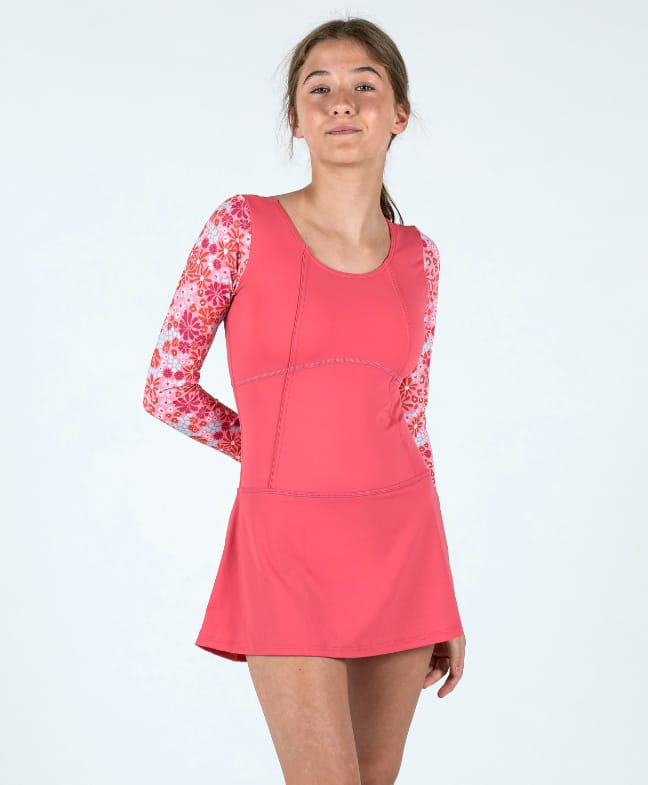 DECATHLON Nabaiji Full Sleeves Floral Printed Frock Style Swimsuit - Coral-image-13