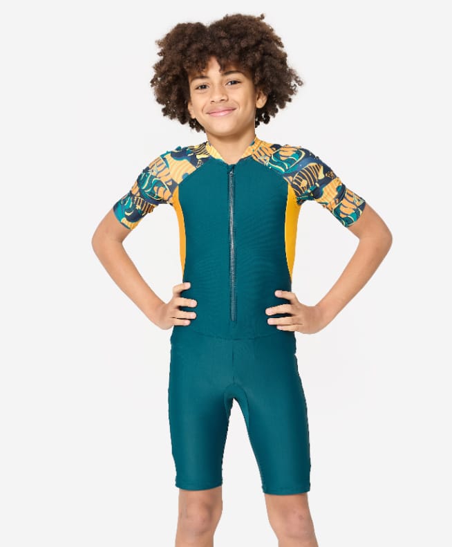 DECATHLON Half Sleeves Colour Blocked Legged Swimsuit - Green-picture-28