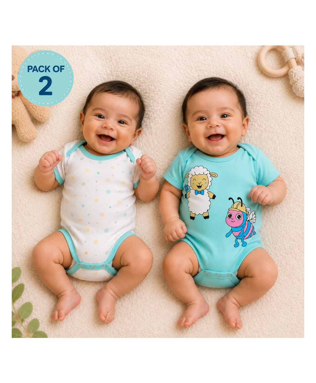 Vaanee Designz Cotton Knit Pack Of 2 Bee & Abstract Printed Onesie - Firozi-image-3