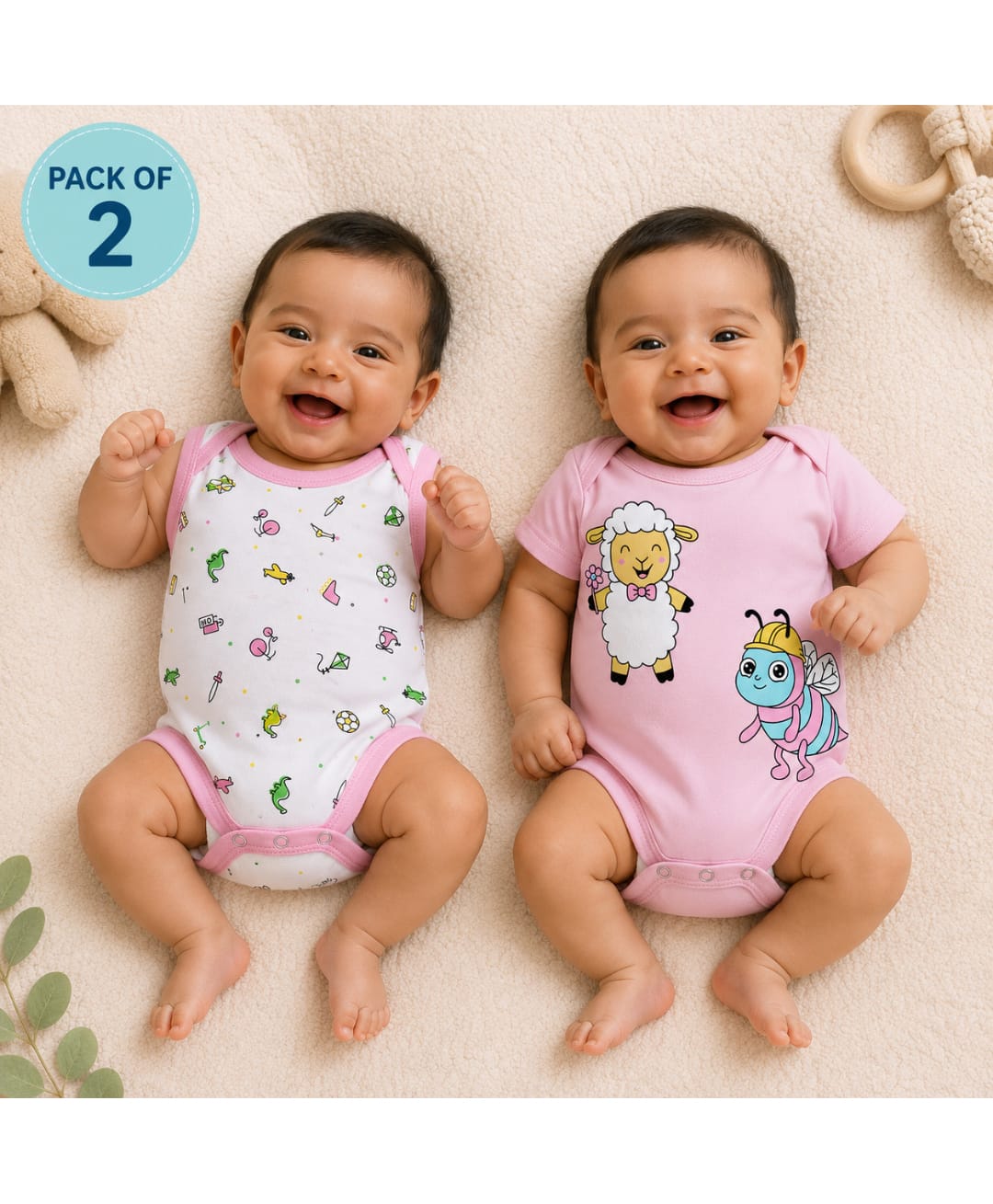 Vaanee Designz Cotton Knit Pack Of 2 Half Sleeves Toys & Animals Printed Onesies - Pink-image-12