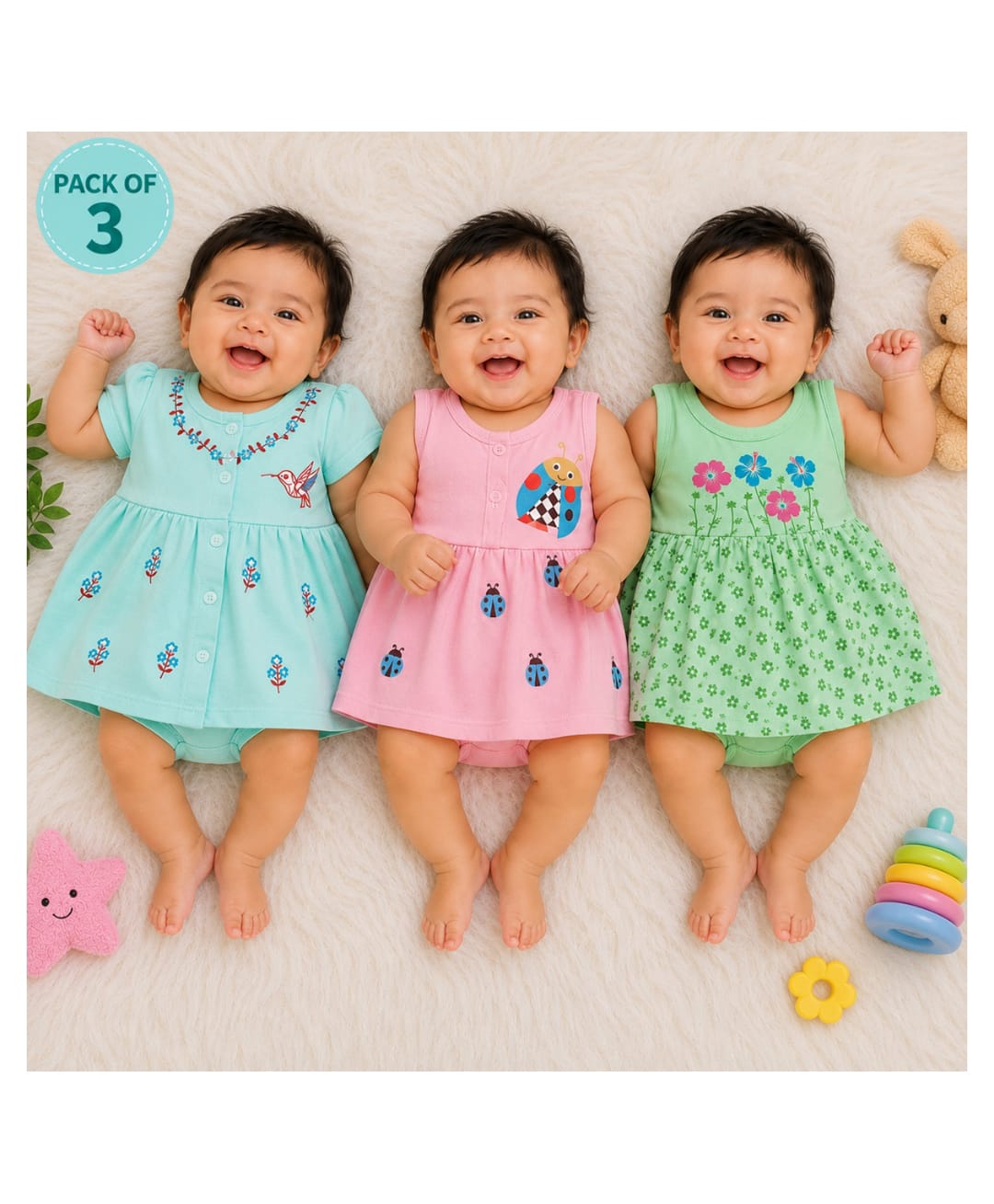 Vaanee Designz Cotton Knit Pack Of 3 Floral & Ladybugs Printed Dress Style Onesies - Blue Pink & Green-image-43
